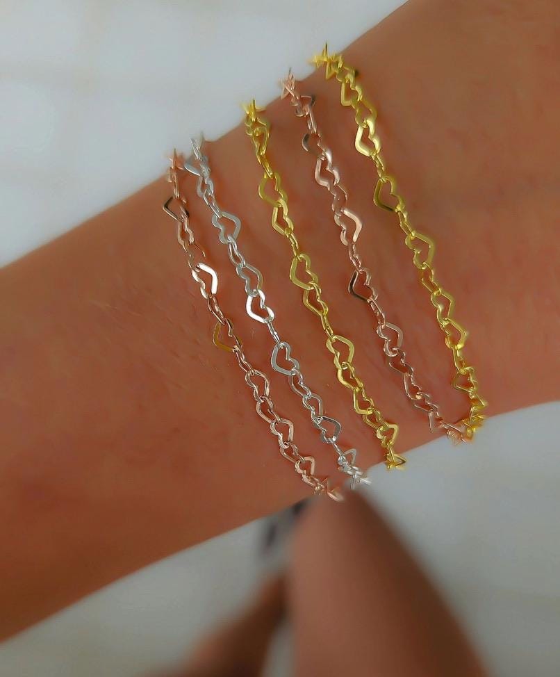 Dainty Heart Link Chain Bracelet: Sterling Silver, Gold or Rose Gold Plated