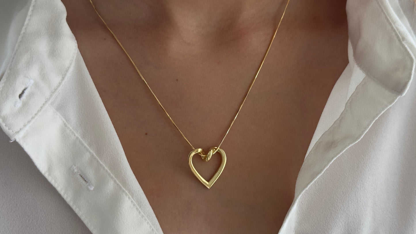Dainty Heart Necklace: 14k Gold Open Heart Pendant, Sterling Silver Snake Chain