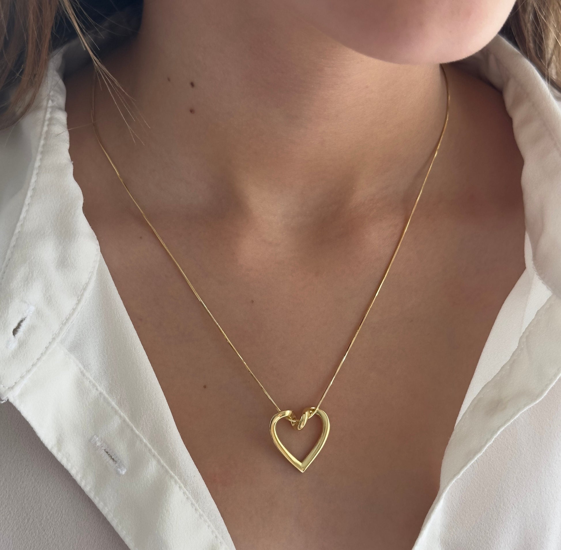 Dainty Heart Necklace: 14k Gold Open Heart Pendant, Sterling Silver Snake Chain