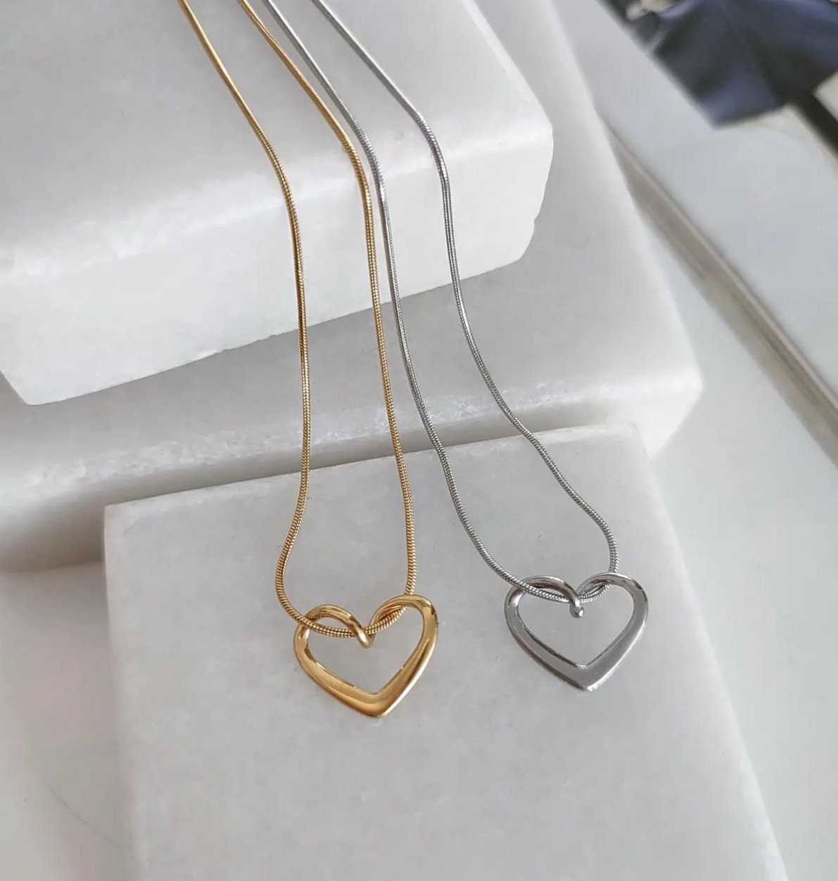 Dainty Heart Necklace: 14k Gold Open Heart Pendant, Sterling Silver Snake Chain