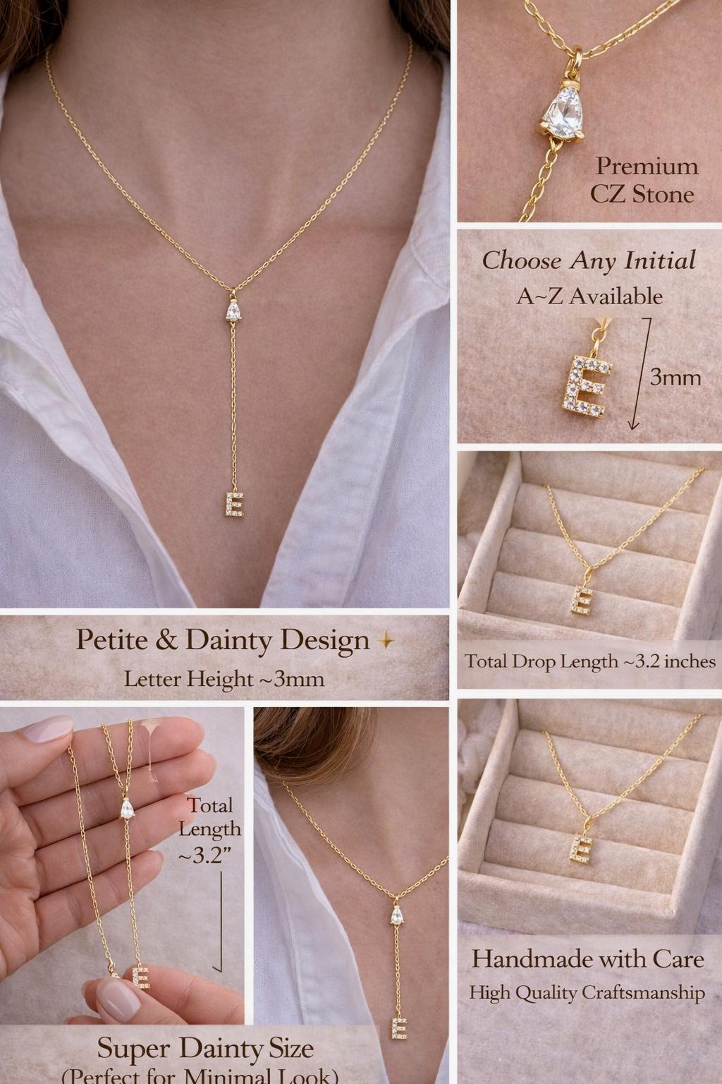 Lariat initial necklace size guide showing 3mm letter height, total drop length and CZ stone detail for personalized gold necklace