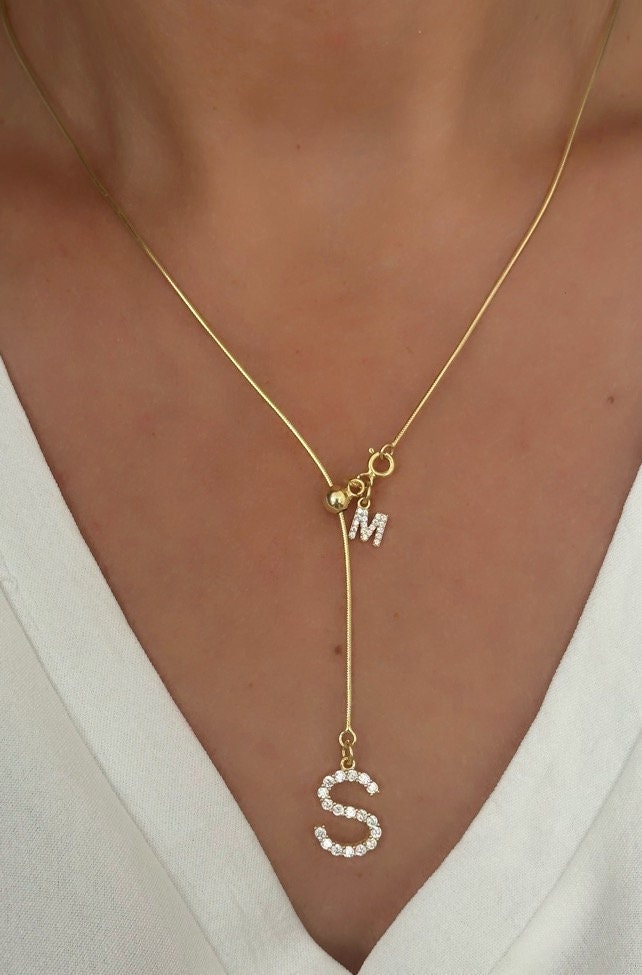 Personalized Lariat Necklace, Two Diamond Initial Necklace,  Adjustable sliding ball snake chain 14k Gold Plated, Long Y Drop Letter Necklace, Custom Necklace, Personalized gifts, Birthday Gift for her, Solid 925 Sterling Silver, Personalized Jewelry