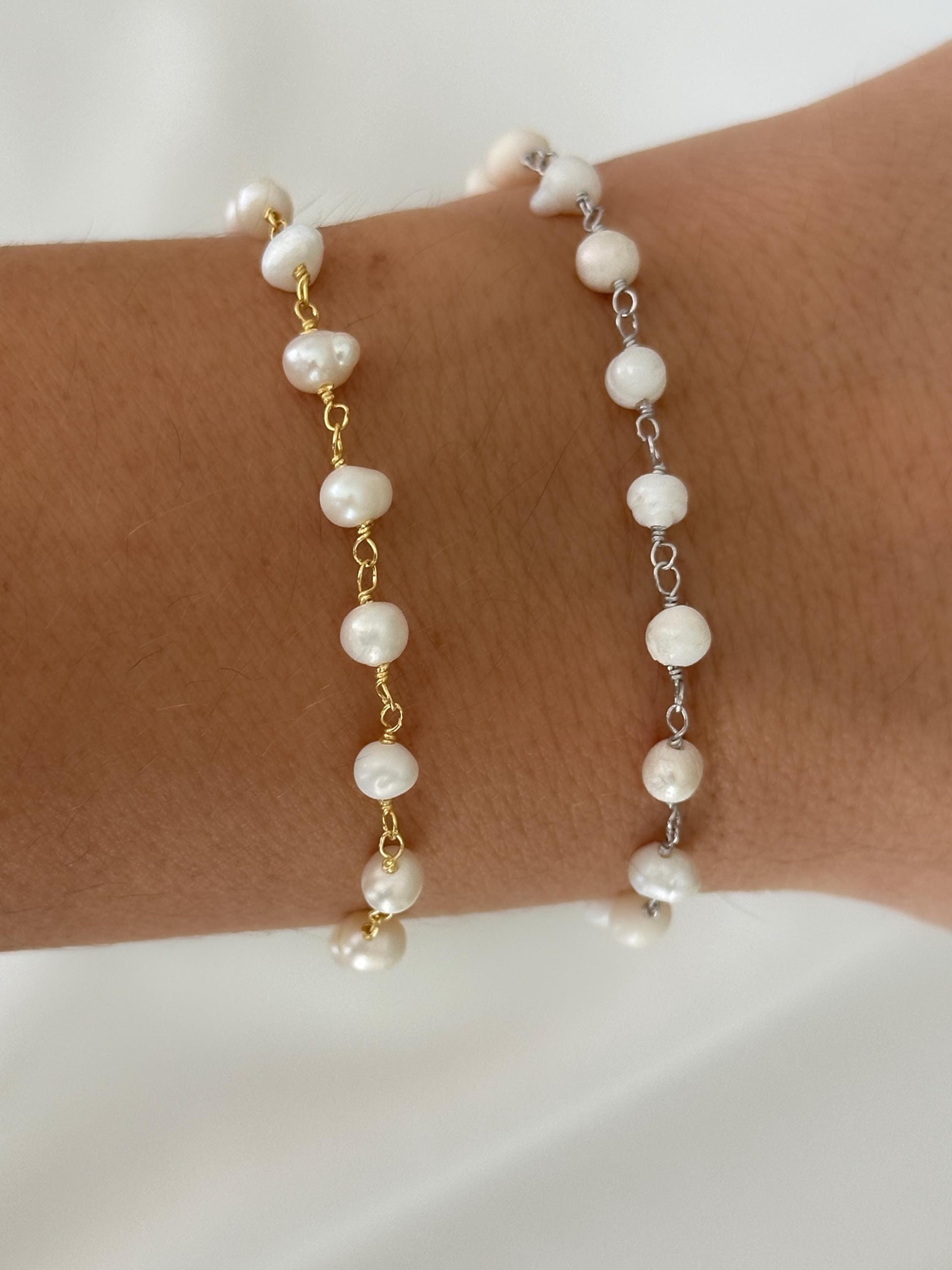 Dainty natural pearl bracelet for anniversary, birthday, or Mother‚Äôs Day gift 925 sterling silver 14k gold plated minimalist style handmade jewelry Women girls