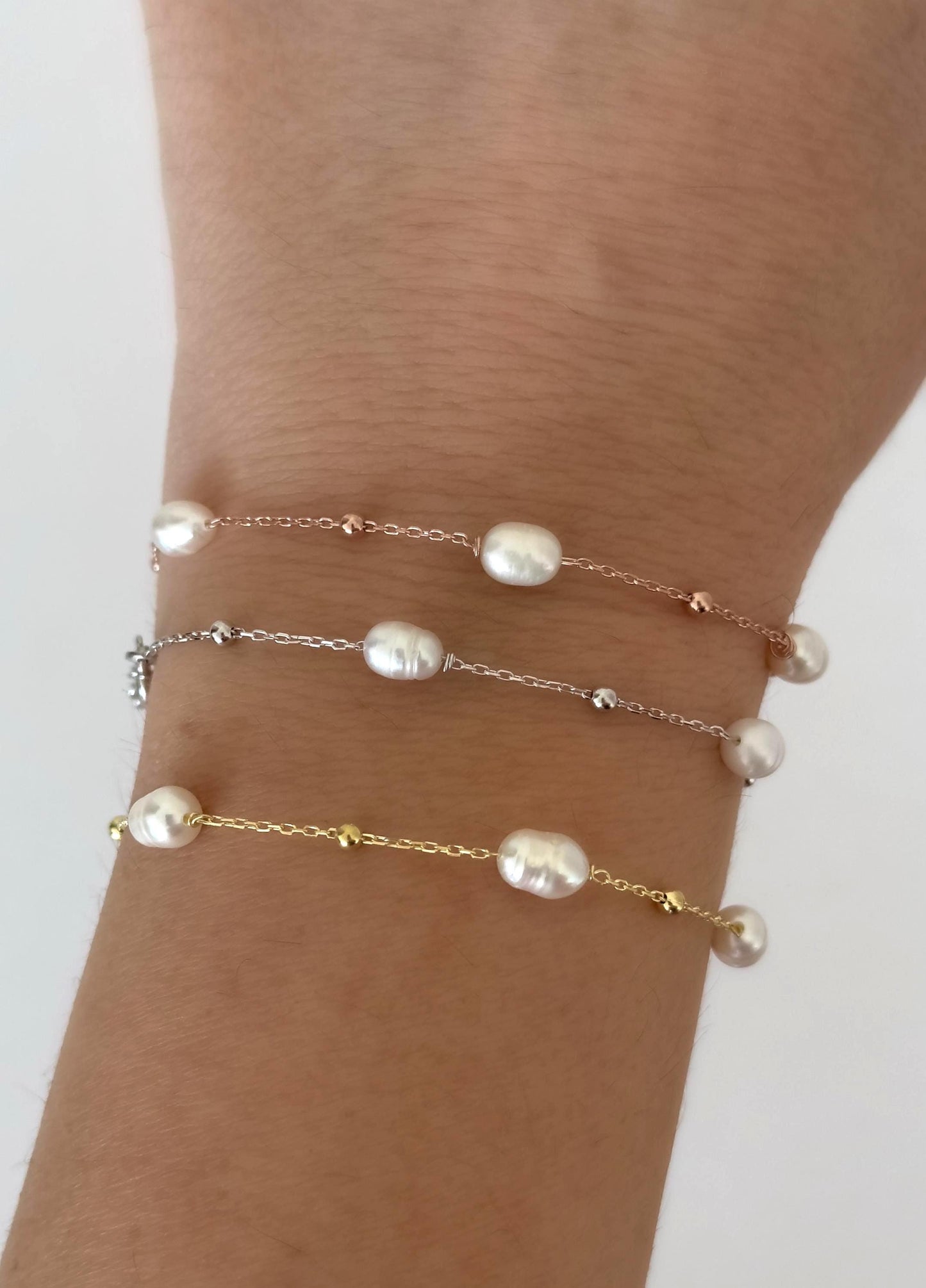Dainty Pearl Bracelet: 925 Sterling Silver, Freshwater Pearls, 14k Gold Plated Wedding Jewelry