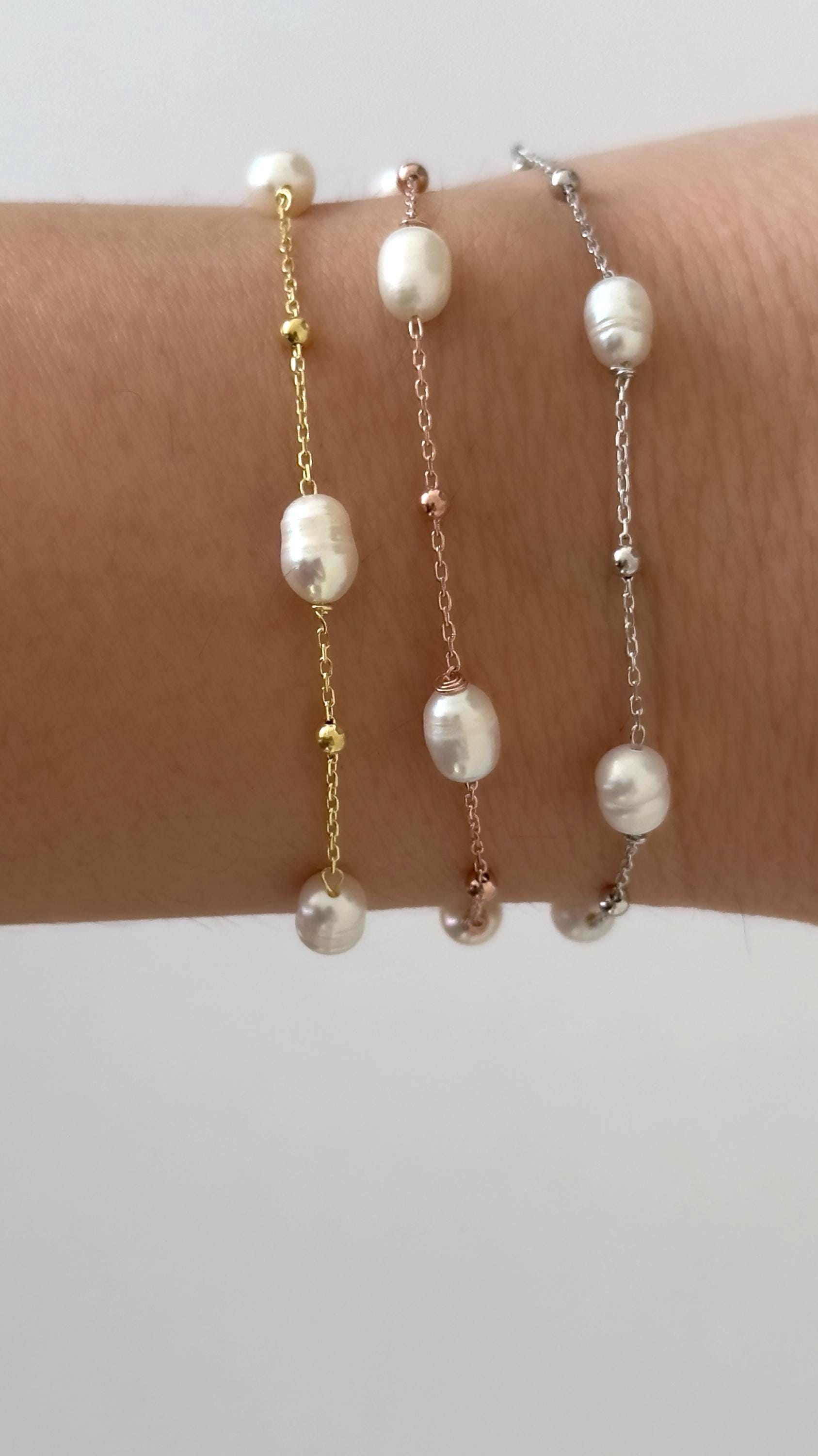 Dainty Pearl Bracelet: 925 Sterling Silver, Freshwater Pearls, 14k Gold Plated Wedding Jewelry