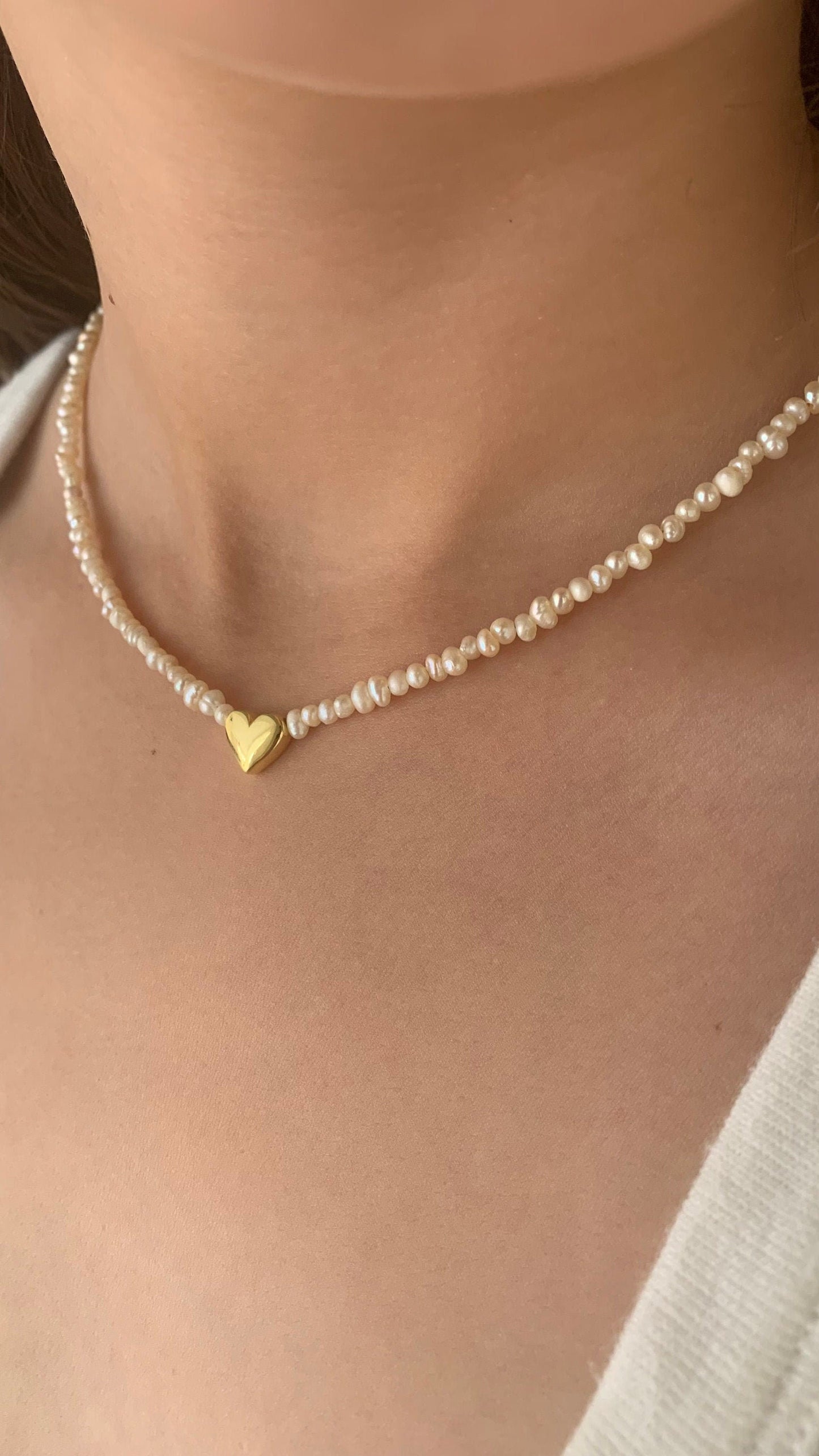 Dainty Pearl Choker Necklace: Sterling Silver 3D Heart, Gold Plated Minimalist jewelry