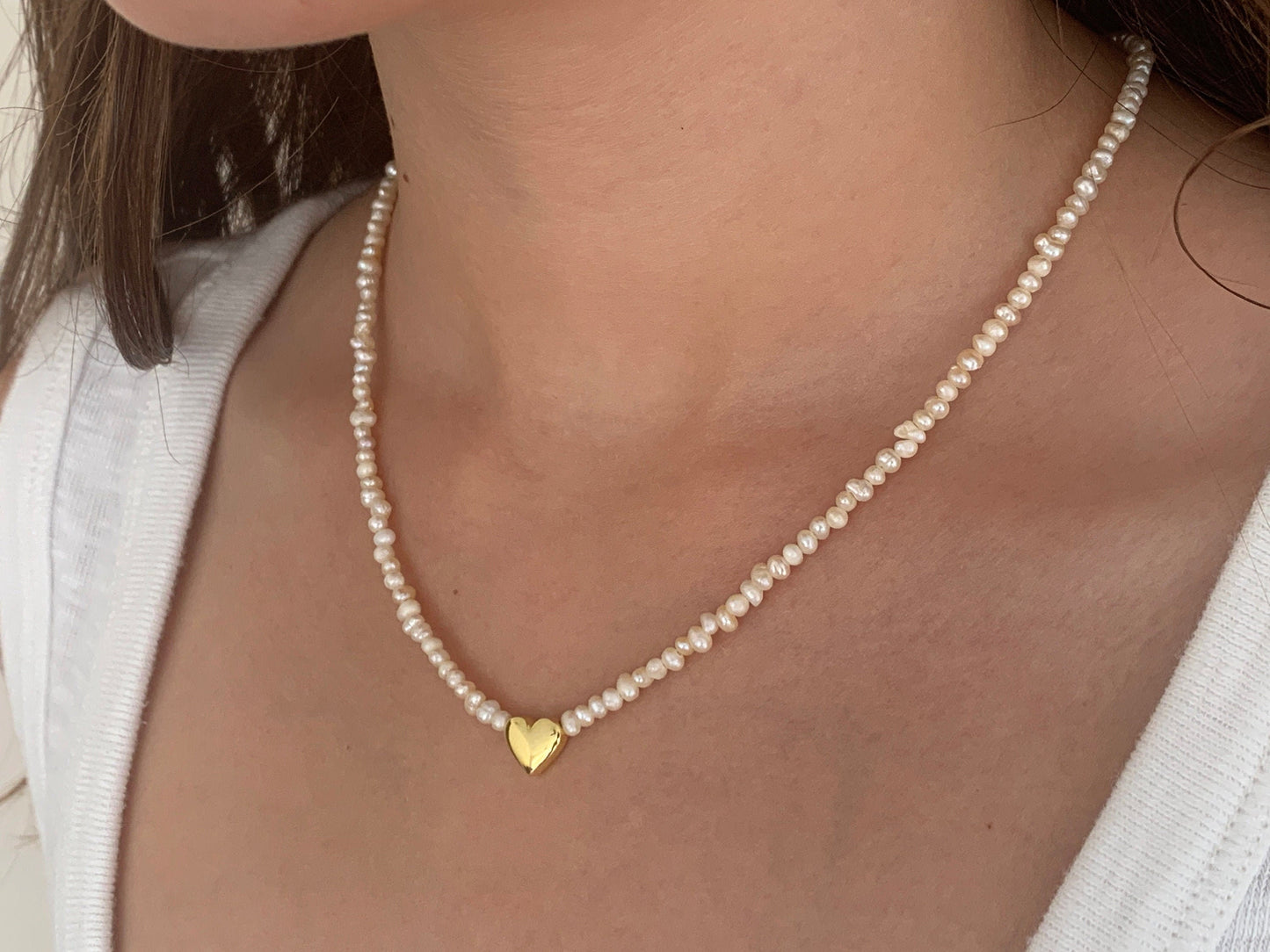 Dainty Pearl Choker Necklace: Sterling Silver 3D Heart, Gold Plated Minimalist jewelry