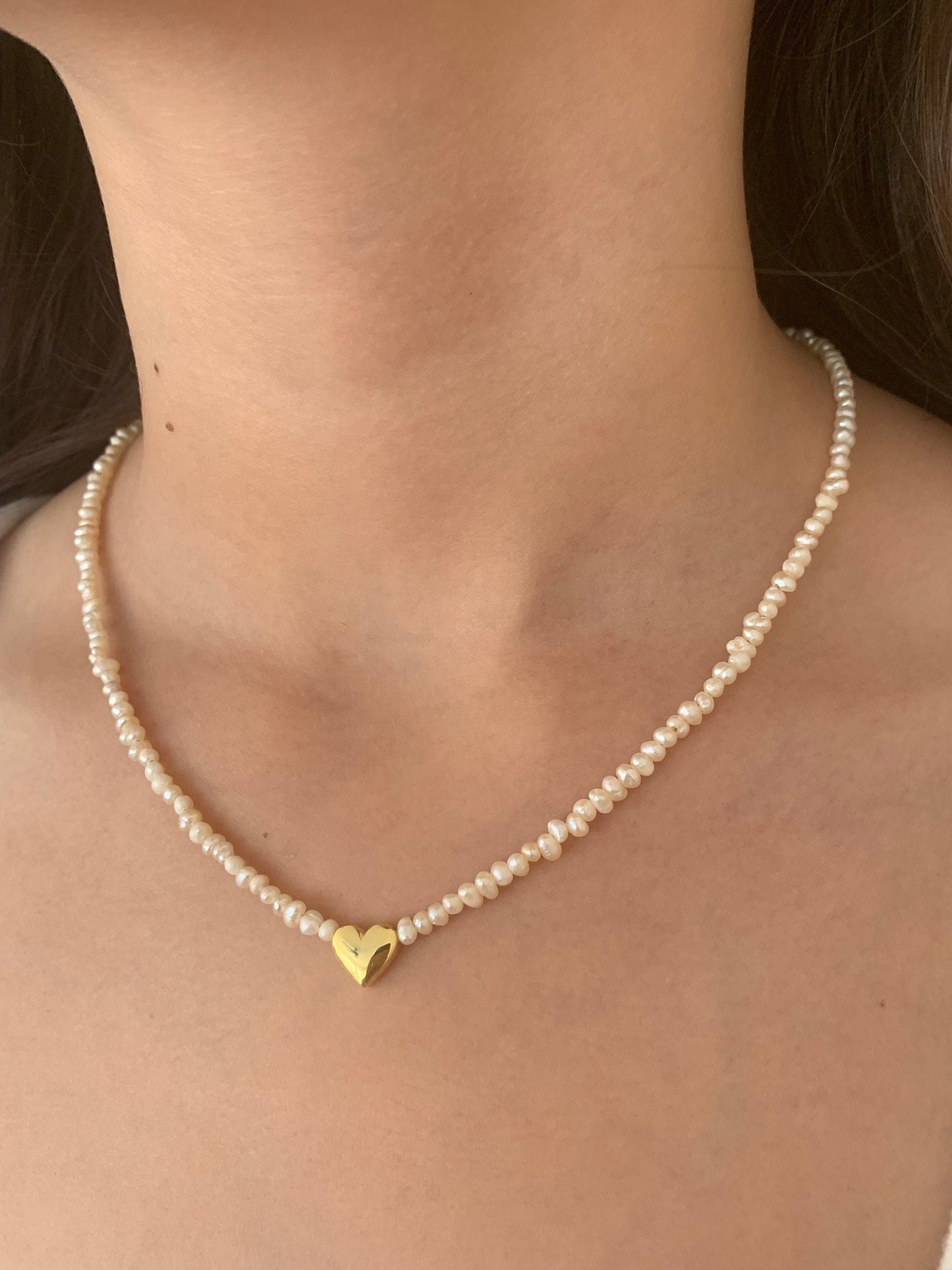 Dainty Pearl Choker Necklace: Sterling Silver 3D Heart, Gold Plated Minimalist jewelry