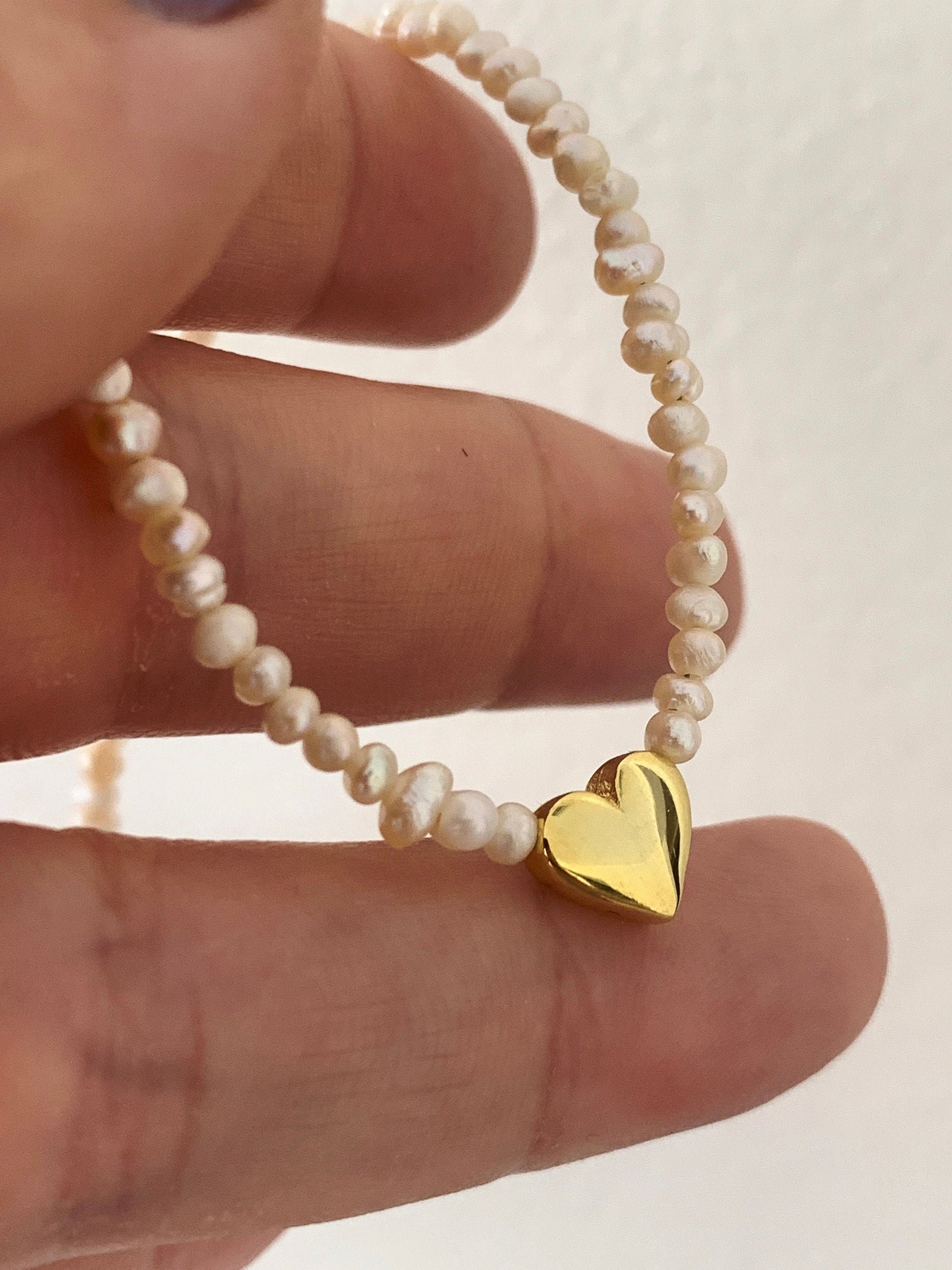 Dainty Pearl Choker Necklace: Sterling Silver 3D Heart, Gold Plated Minimalist jewelry