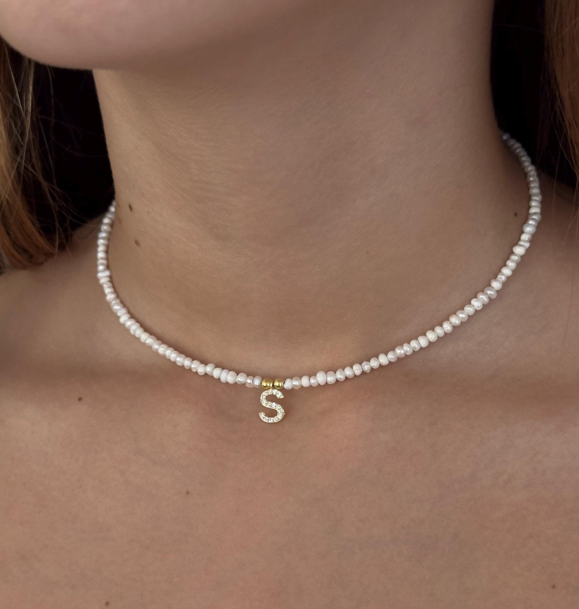 Dainty Pearl Necklace Choker, CZ Diamond Initial Letter Pendant, 14k Gold Silver Rose, Freshwater Pearls, Custom Diamond Necklace, Personalized Jewelry Gift for her
