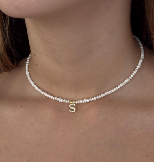 Dainty Pearl Necklace Choker, CZ Diamond Initial Letter Pendant, 14k Gold Silver Rose, Freshwater Pearls, Custom Diamond Necklace, Personalized Jewelry Gift for her