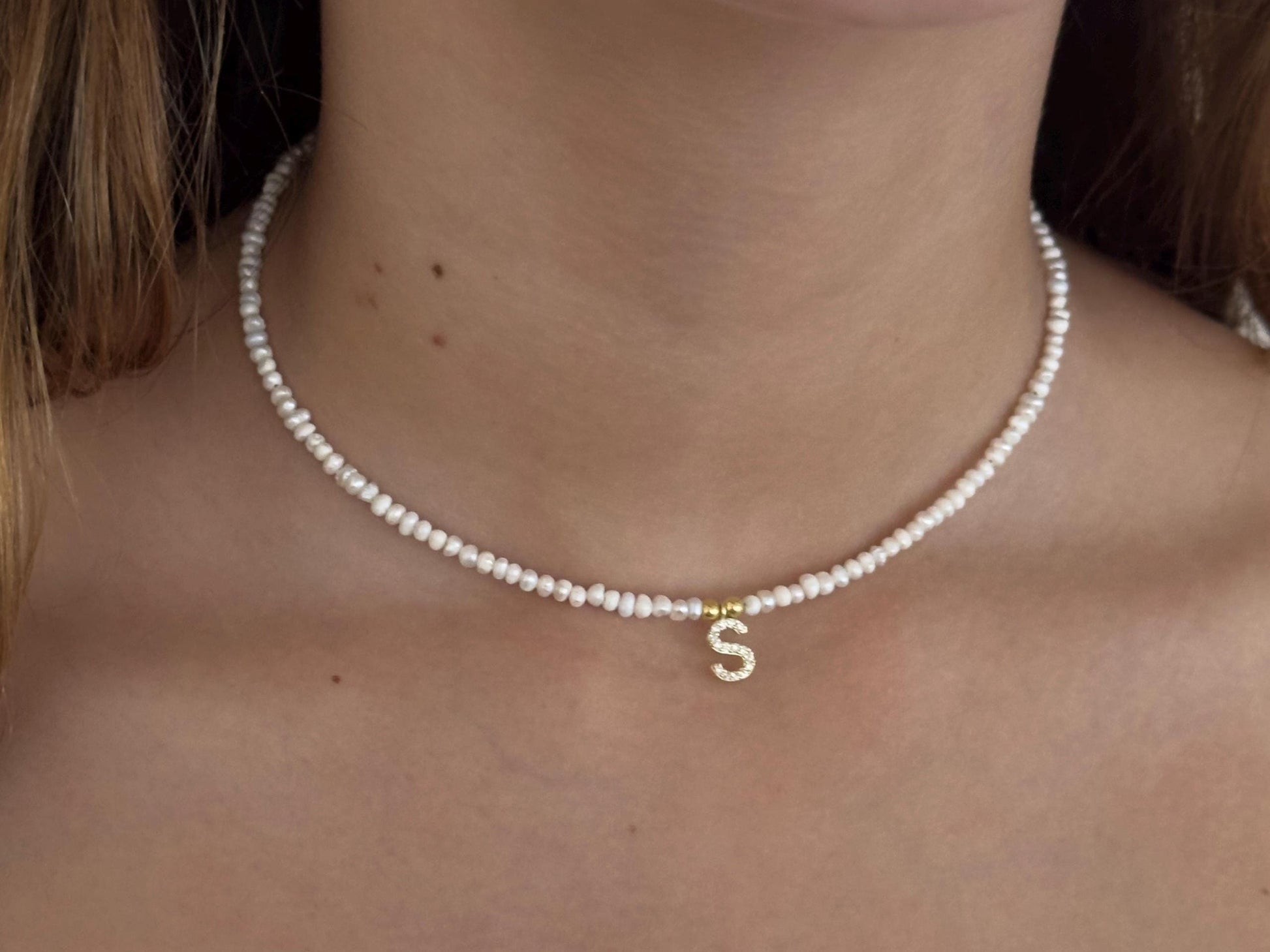 Dainty Pearl Necklace Choker, CZ Initial Necklace 14k Gold Silver Rose, Letter Necklace, Freshwater Pearls, Custom Diamond Necklace, Personalized Jewelry, personalized gifts for women girls, gift for her, gift for girlfriend, handmade jewelry, 925 Sterling Silver