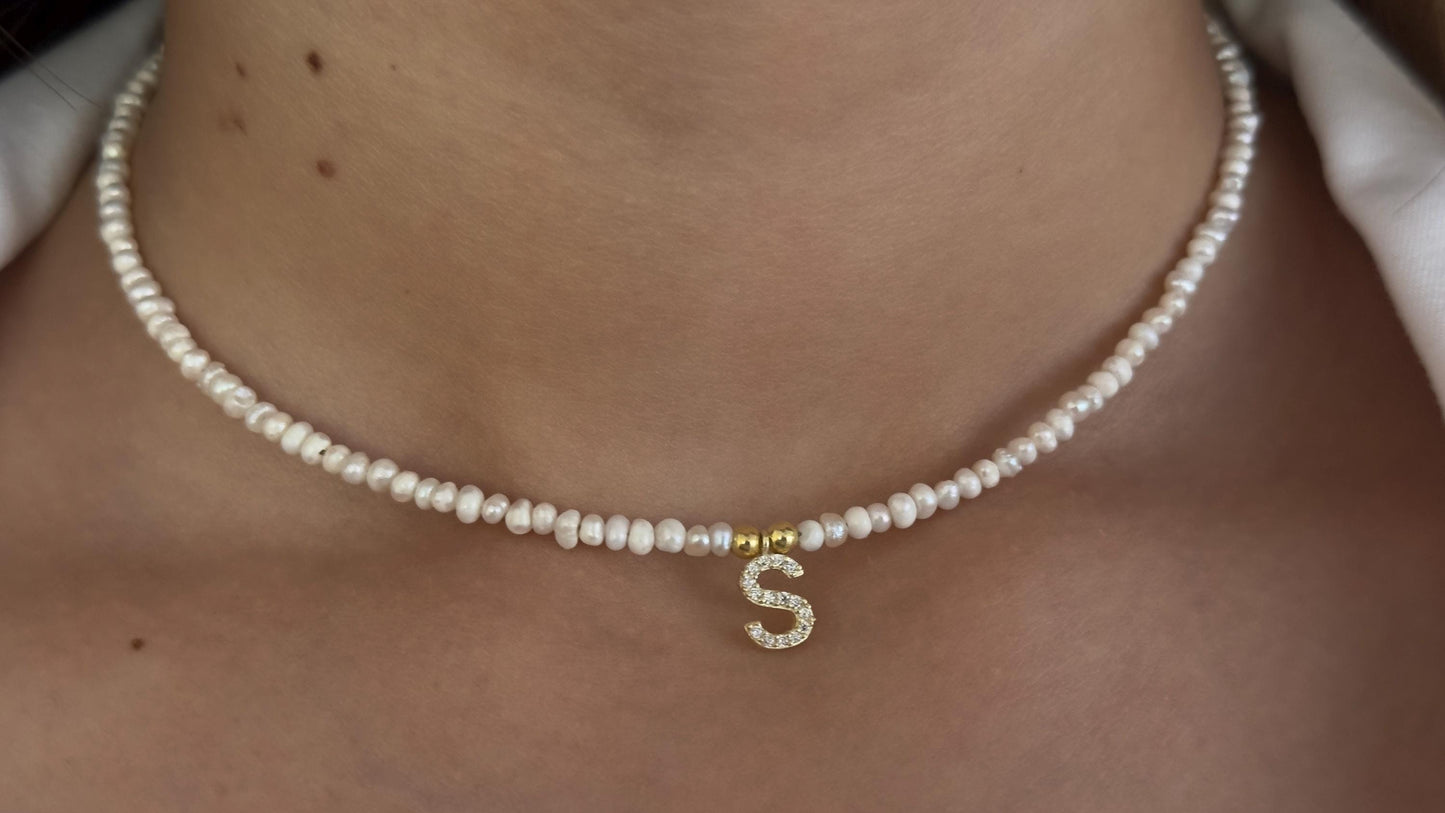 Dainty Pearl Necklace: Custom Diamond Initial Pendant, 14k Gold, Sterling Silver Jewelry Gift