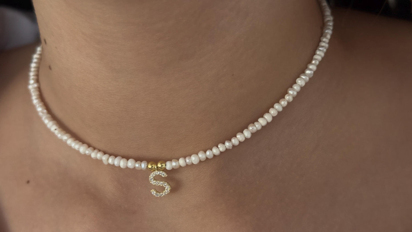 Dainty Pearl Necklace: Custom Diamond Initial Pendant, 14k Gold, Sterling Silver Jewelry Gift