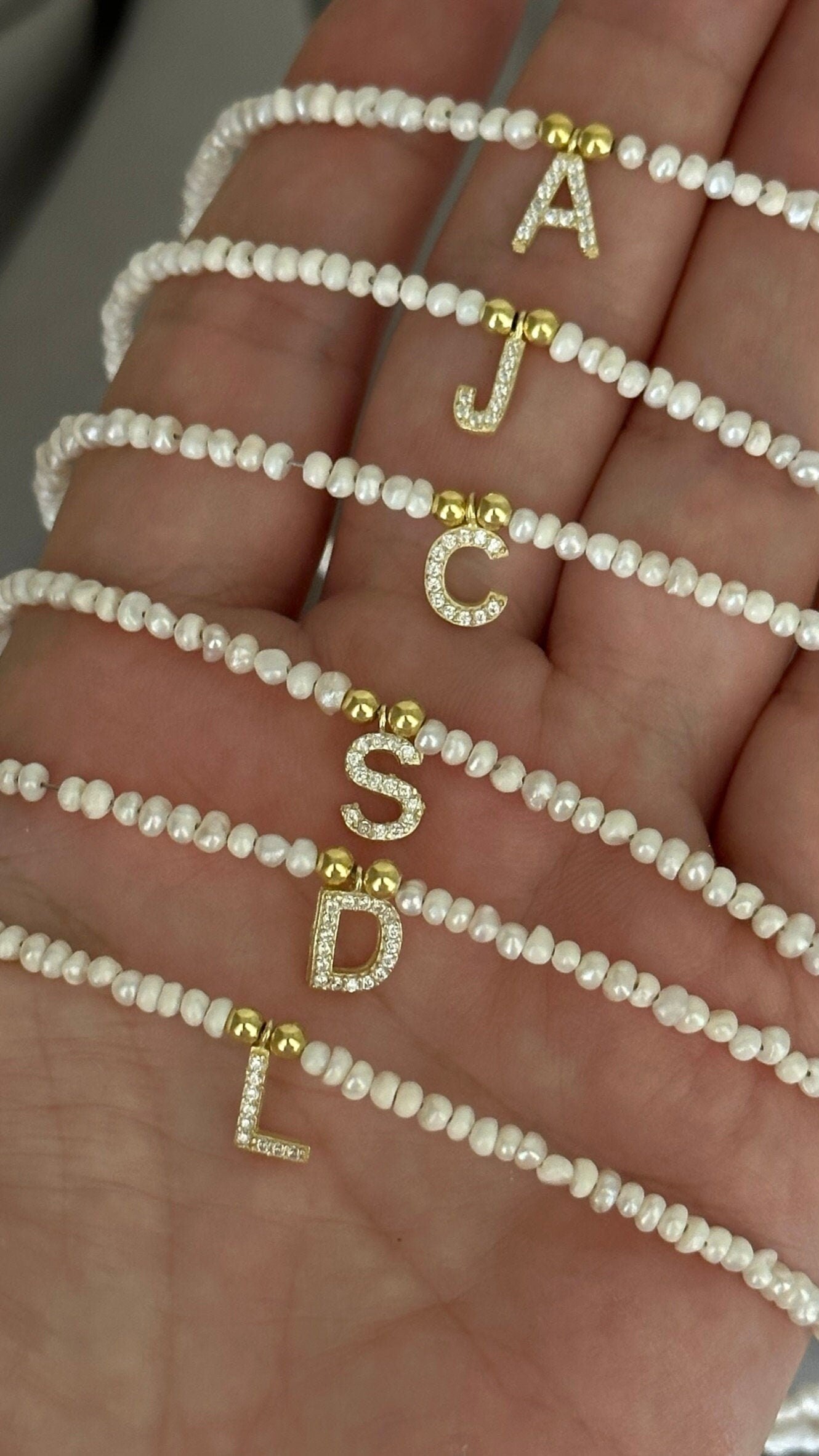 Dainty Pearl Necklace: Custom Diamond Initial Pendant, 14k Gold, Sterling Silver Jewelry Gift