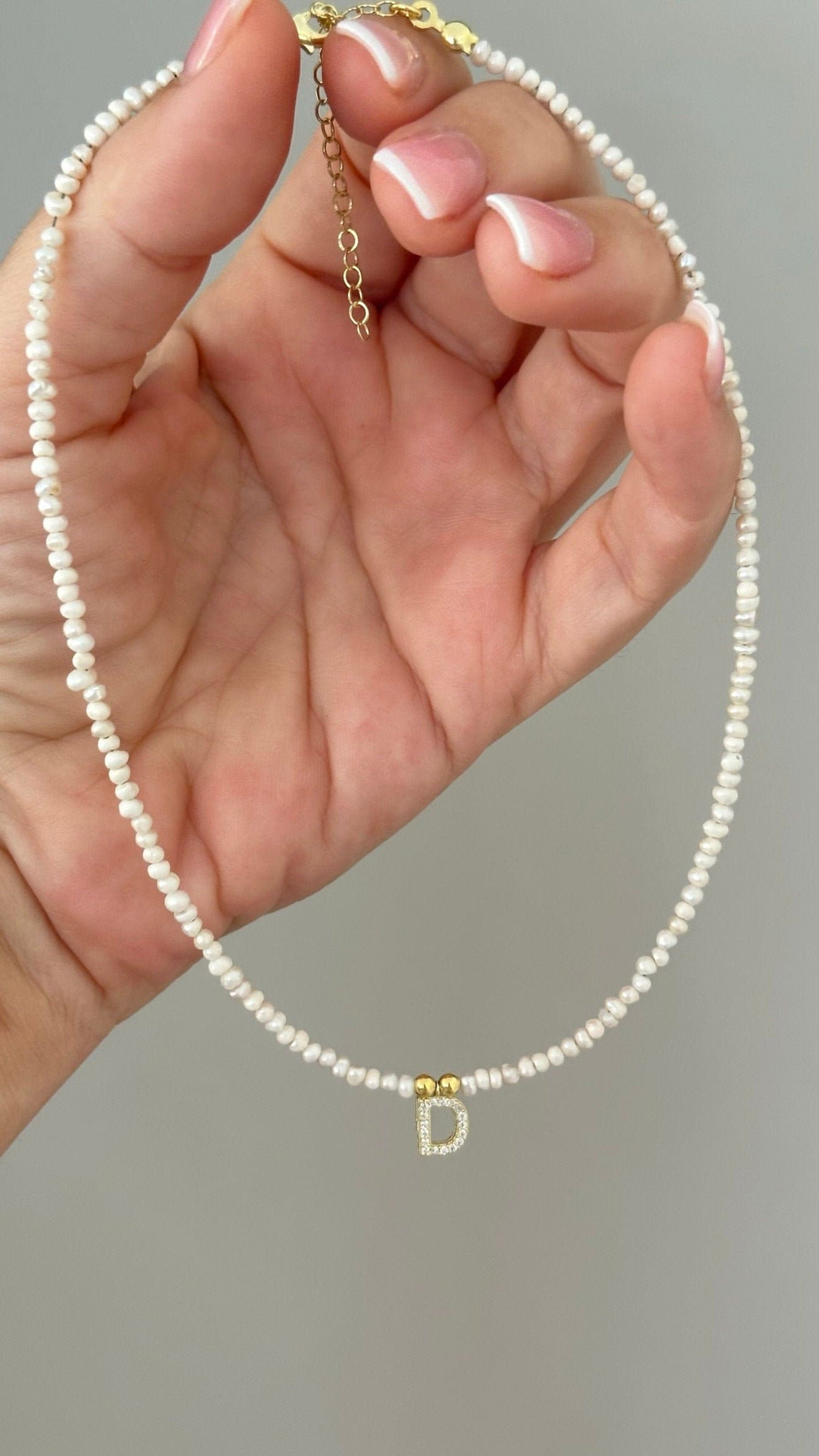 Dainty Pearl Necklace: Custom Diamond Initial Pendant, 14k Gold, Sterling Silver Jewelry Gift