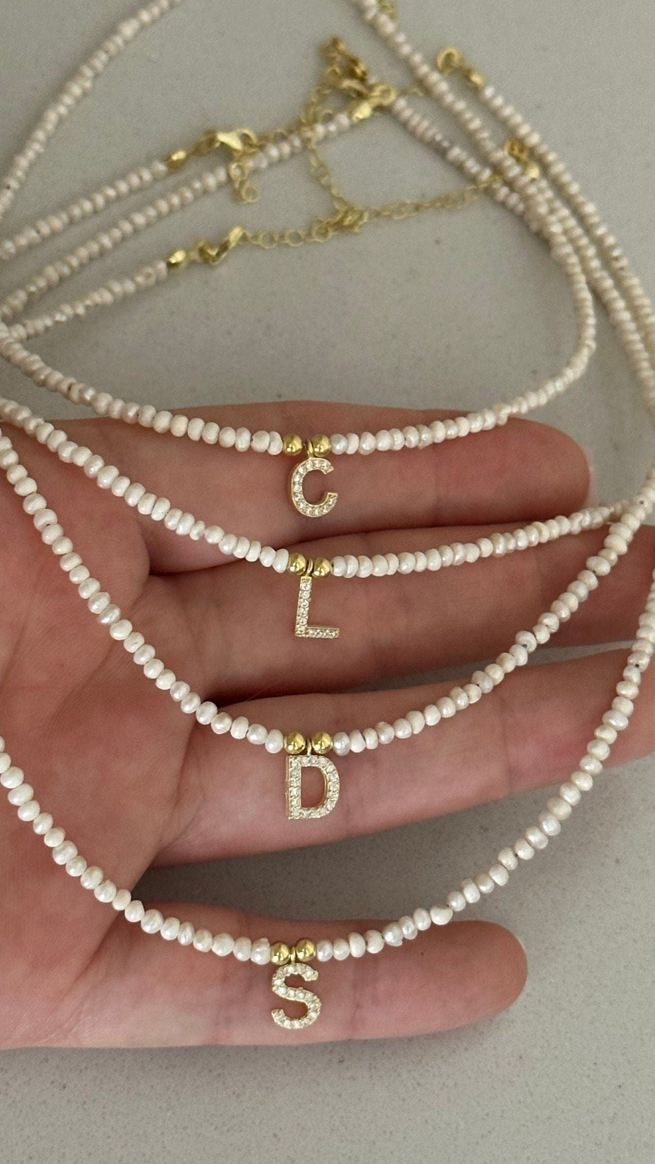 Dainty Pearl Necklace: Custom Diamond Initial Pendant, 14k Gold, Sterling Silver Jewelry Gift