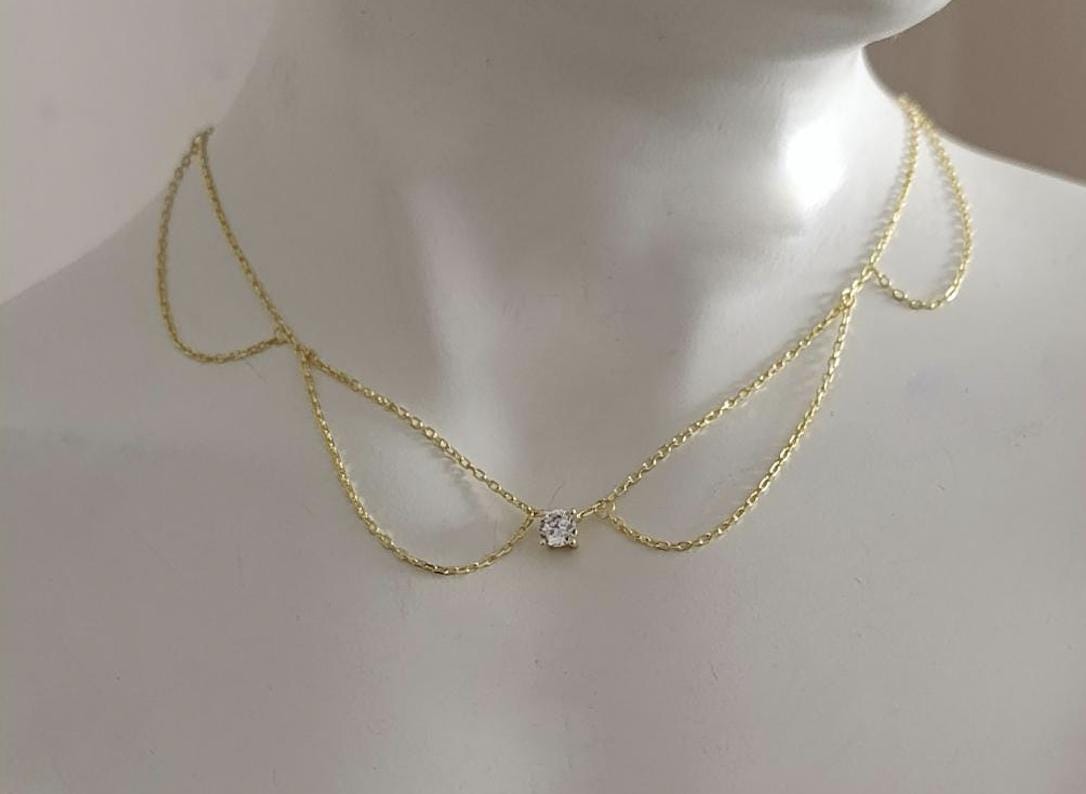 Dainty Solitaire Pendant Choker: CZ Gemstone  Sterling Silver Layered Necklace Unique Jewelry