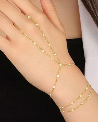 Dainty Sterling Silver Hand Chain Bracelet ‚Äì 14k Gold Plated Adjustable Slave Bracelet