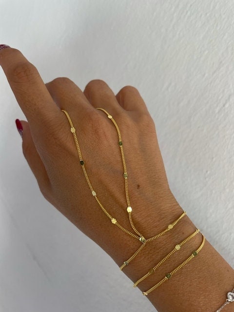 Dainty Sterling Silver Hand Chain Bracelet ‚Äì 14k Gold Plated Adjustable Slave Bracelet