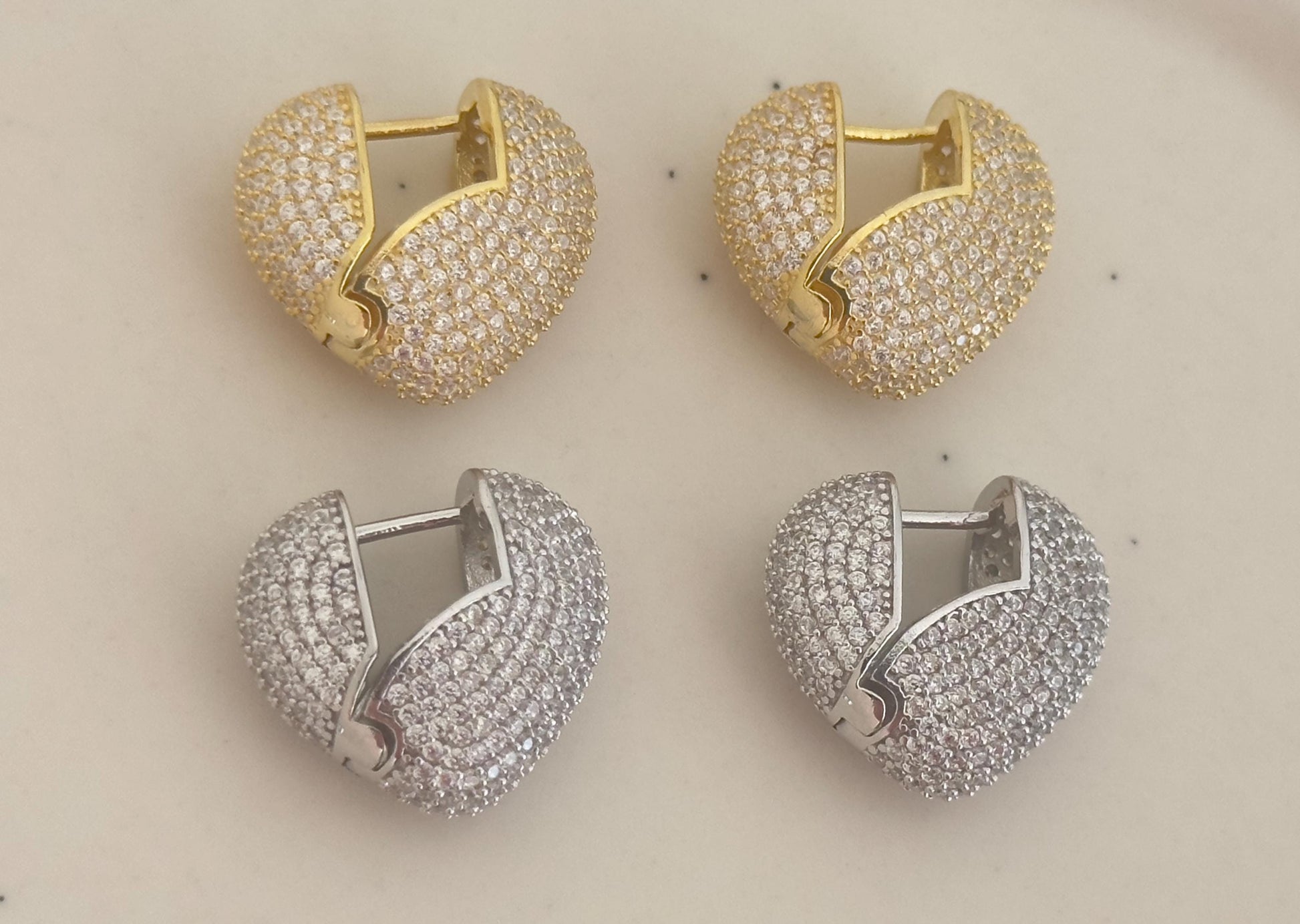 Diamond Heart Earrings, Gemstone Earrings Gold Silver, Puffy Chunky Heart, Crystal Earrings, Gift for Her, Women Gifts, 925 Sterling Silver, Handmade Jewelry