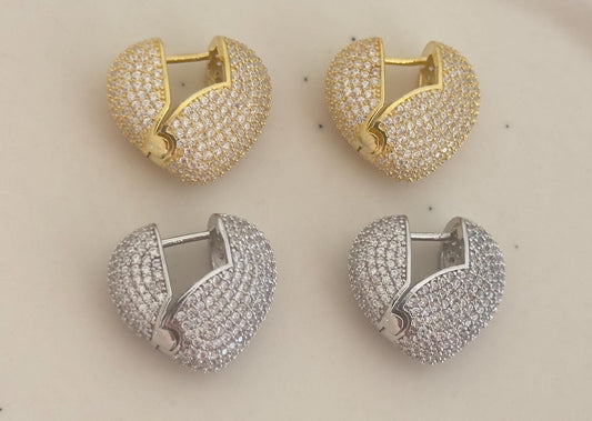 Diamond Heart Earrings, Gemstone Earrings Gold Silver, Puffy Chunky Heart, Crystal Earrings, Gift for Her, Women Gifts, 925 Sterling Silver, Handmade Jewelry