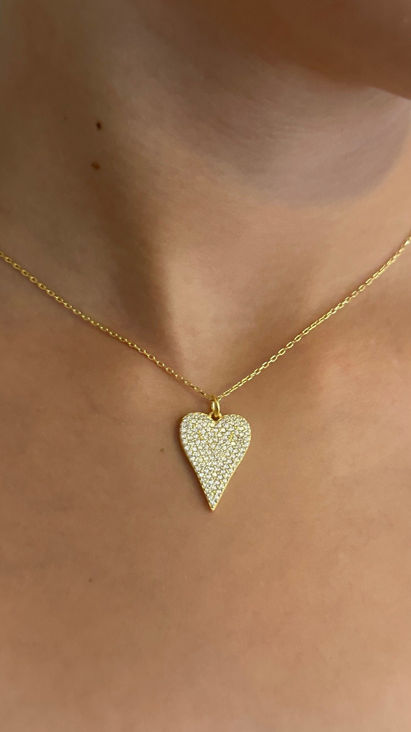 Pave Diamond Heart Necklace, Elongated Pendant Necklace, Love Necklace, Big Heart Necklace, CZ Necklace, Gemstone Necklace, Layering Necklace, 925 Sterling Silver Handmade Jewelry