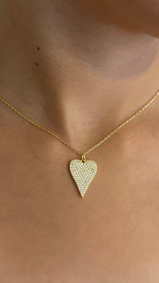 Pave Diamond Heart Necklace, Elongated Pendant Necklace, Love Necklace, Big Heart Necklace, CZ Necklace, Gemstone Necklace, Layering Necklace, 925 Sterling Silver Handmade Jewelry