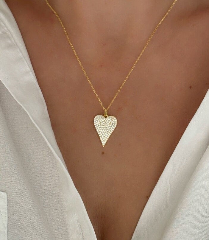 Pave Diamond Heart Necklace, Elongated Pendant Necklace, Love Necklace, Big Heart Necklace, CZ Necklace, Gemstone Necklace, Layering Necklace, 925 Sterling Silver Handmade Jewelry