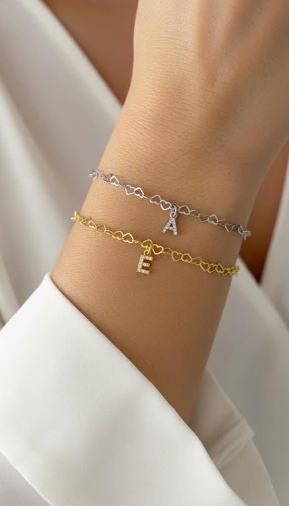 Dainty initial heart link bracelet in sterling silver by Shineliz.