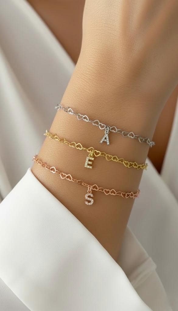 Custom letter bracelet with 14k gold rose silver plating and CZ initial charm 925 sterling silver
