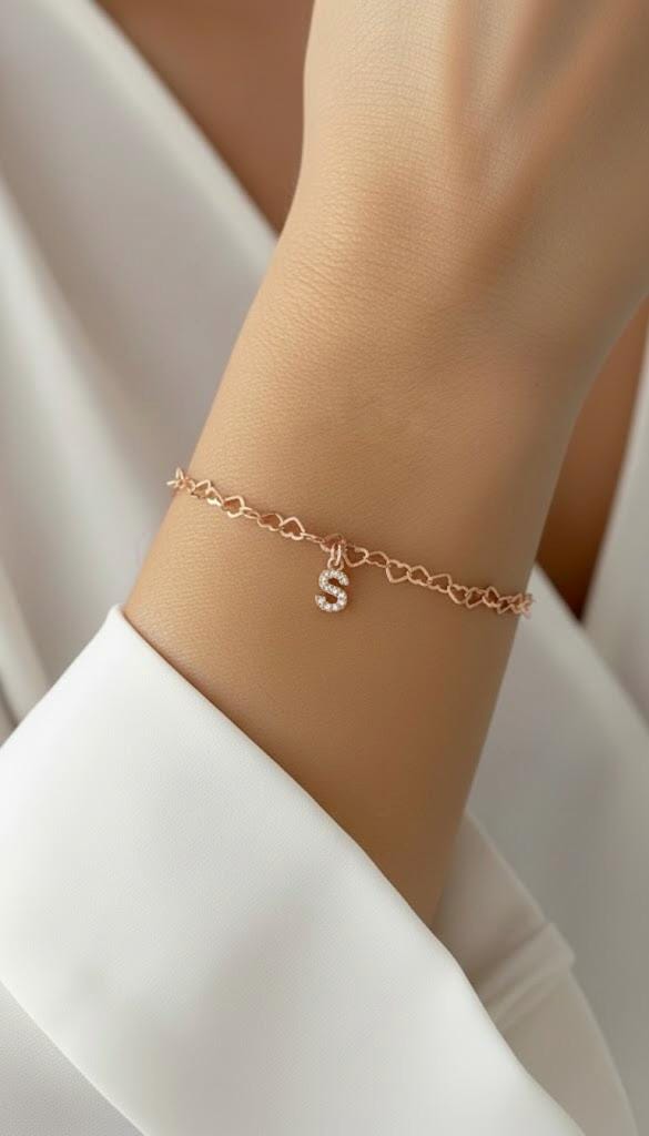 Rose gold heart link chain bracelet with letter charm for women