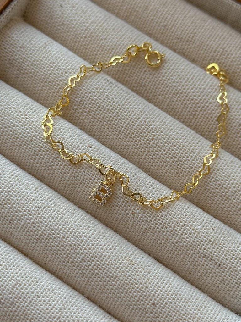 Diamond Initial Bracelet - Dainty Heart Chain, Custom Letter Charm, Sterling Silver Personalized Jewelry
