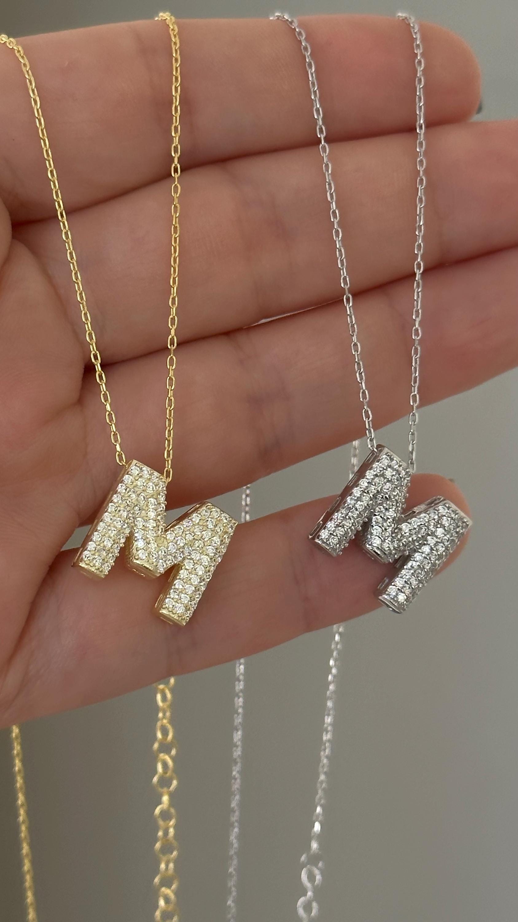 Diamond Initial Necklace: 3D Custom Letter Pendant Personalized Jewelry Gift for her