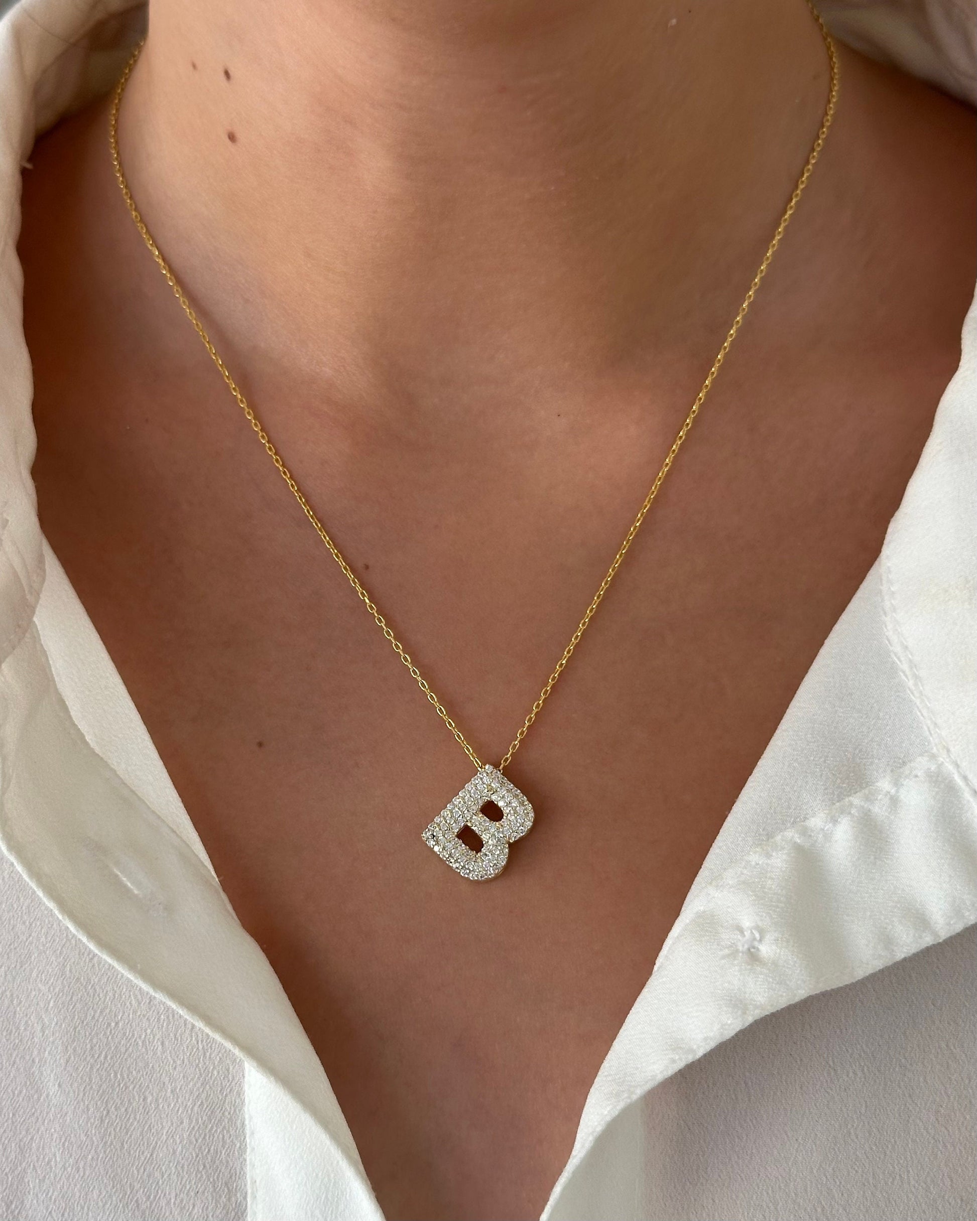 Custom Bubble letter necklace, Diamond Initial pendant, sparkle cz gemstone, 925 sterling silver 14k gold plated personalized jewelry gift for her