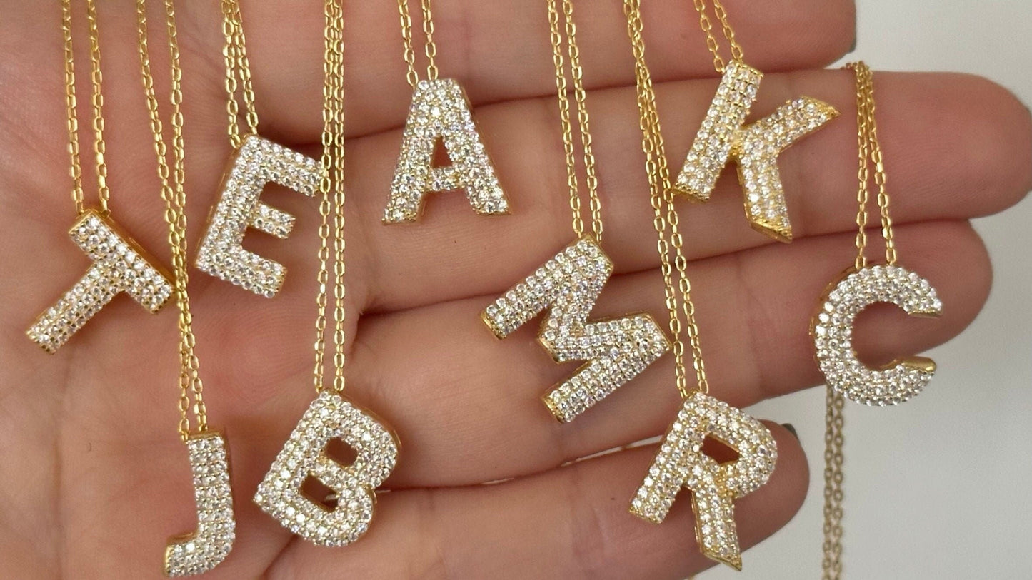 Diamond Initial Necklace: 3D Custom Letter Pendant Personalized Jewelry Gift for her