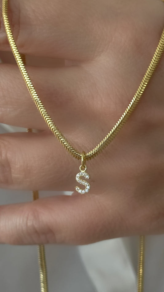 Initial Snake Chain Necklace, Custom Herringbone Necklace, Pave CZ Stone Block Letter, 14k Gold Snake Chain, Personalized Gift Women Girls