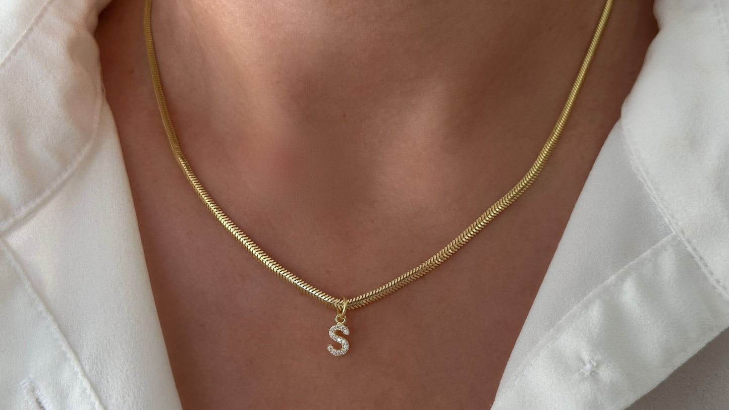 Diamond Initial Necklace: Snake Herringbone Chain, 14k Gold Sterling Silver, Personalized Jewelry Gift