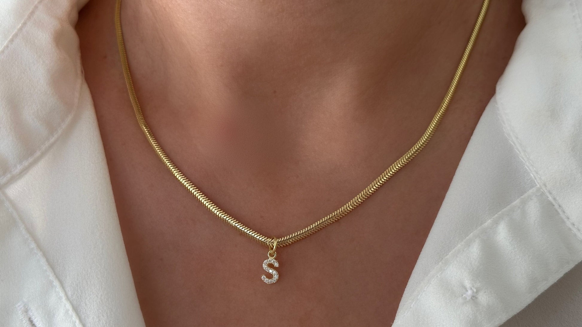 Diamond Initial Necklace: Snake Herringbone Chain, 14k Gold Sterling Silver, Personalized Jewelry Gift
