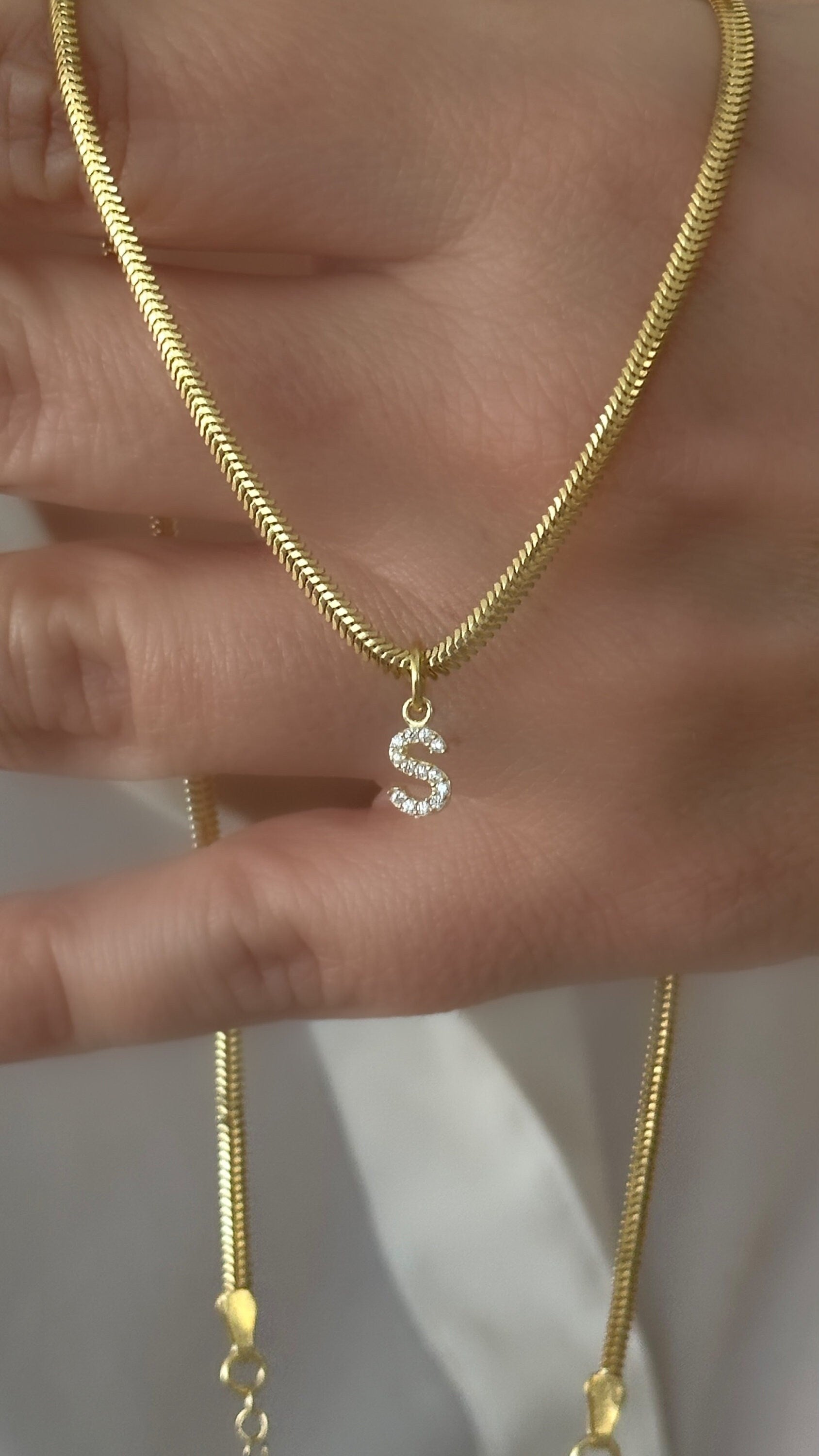 Diamond Initial Necklace: Snake Herringbone Chain, 14k Gold Sterling Silver, Personalized Jewelry Gift