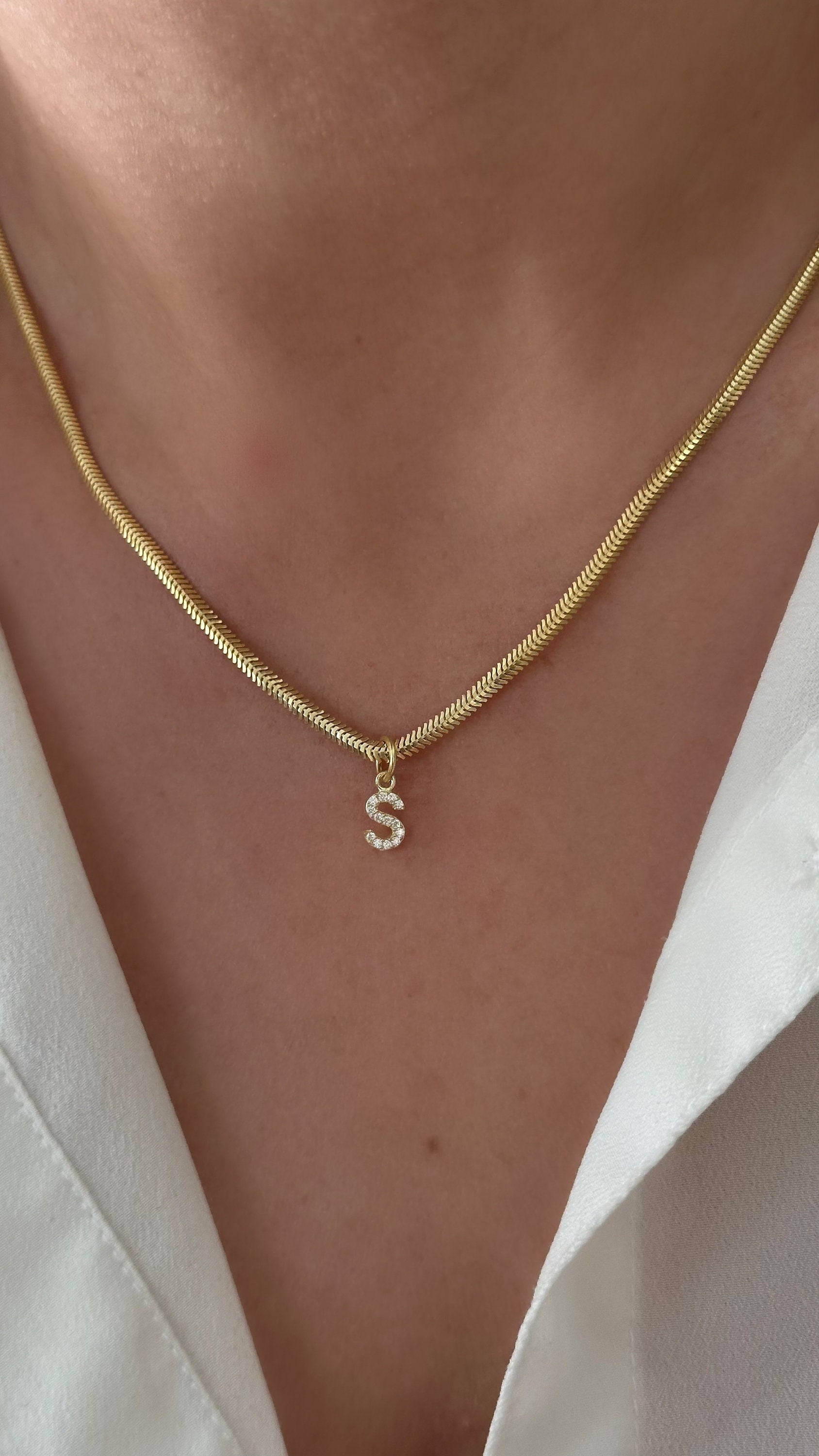 Diamond Initial Necklace: Snake Herringbone Chain, 14k Gold Sterling Silver, Personalized Jewelry Gift
