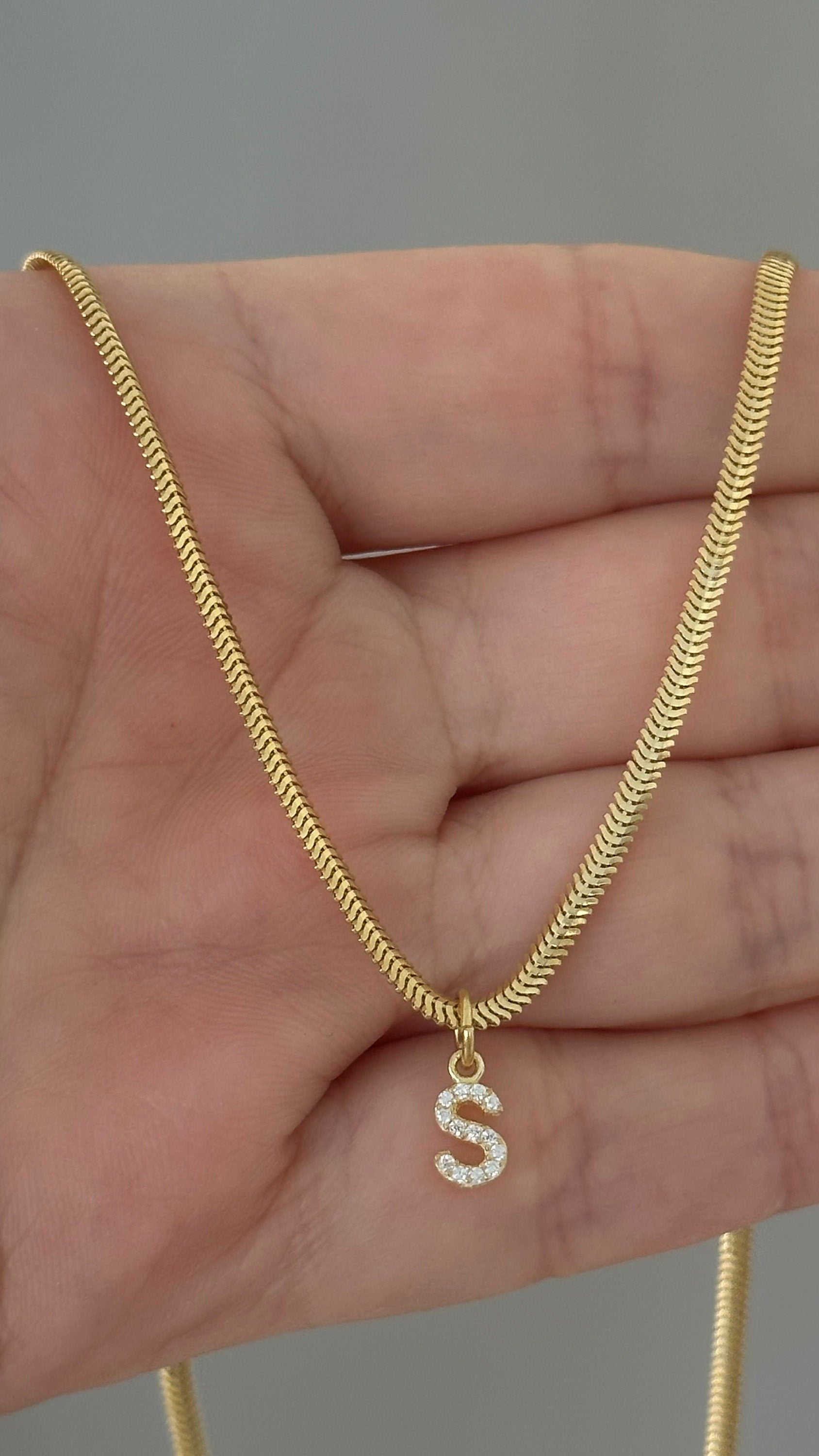 Diamond Initial Necklace: Snake Herringbone Chain, 14k Gold Sterling Silver, Personalized Jewelry Gift