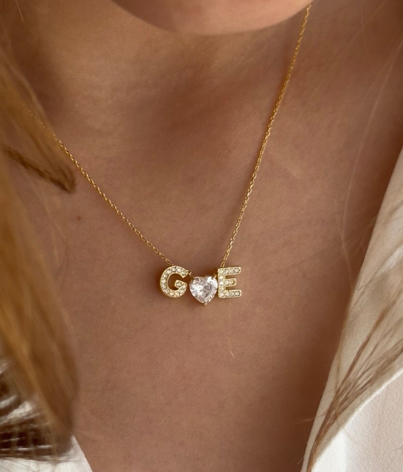 Elegant dainty diamond Custom initial heart necklace with tiny pave letter charm. Personalized 925 sterling silver jewelry, perfect for gifting or everyday wear