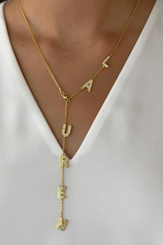 Lariat Necklace, Gold Silver Rose, Custom Name Necklace, CZ Diamond Initial Letter Necklace, Long Y Drop Necklace, Personalized Jewelry Gift