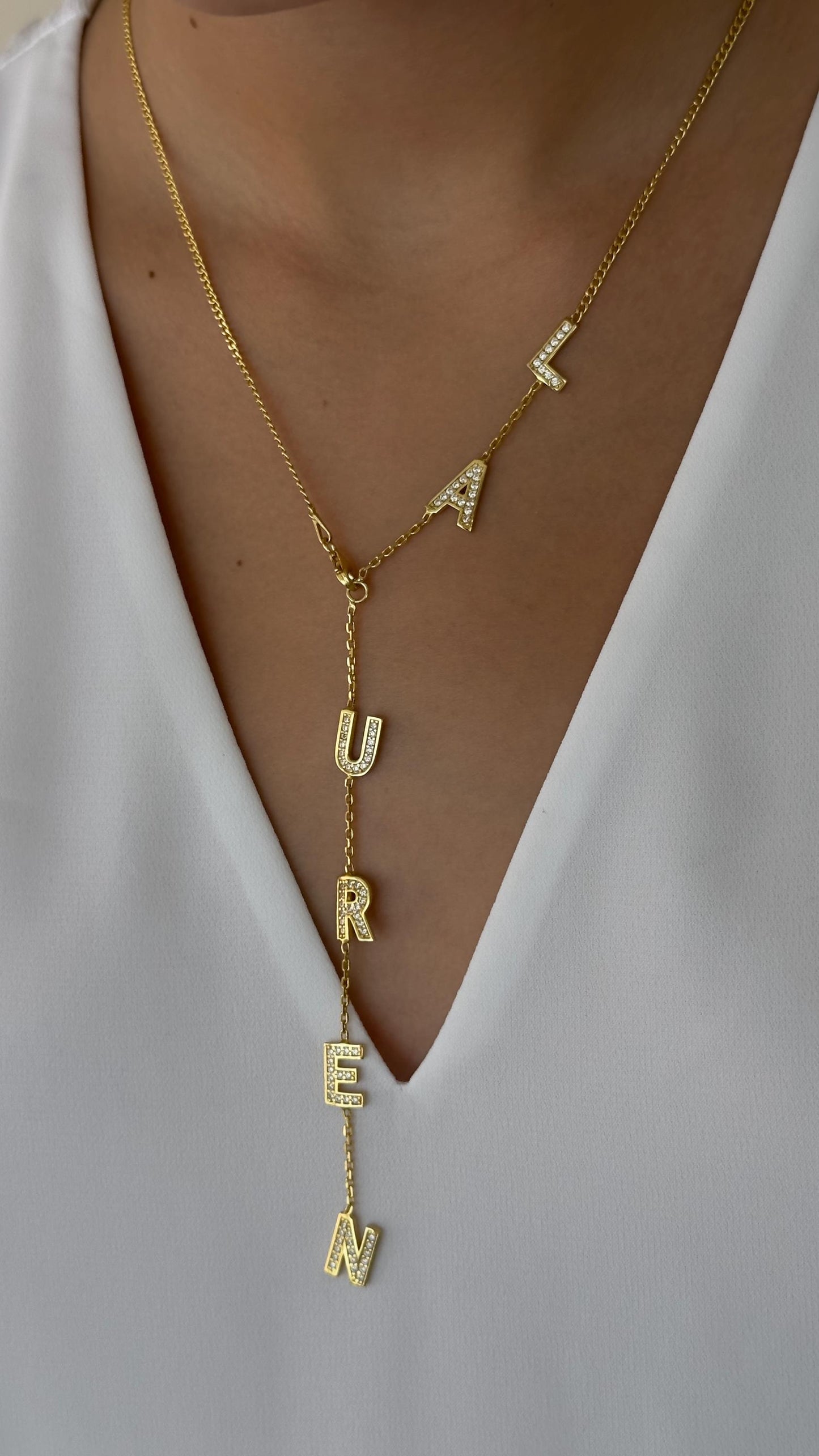 14K Gold Name Necklace, Lariat Necklace, Diamond Necklace, Long Y Drop Necklace, Custom necklace, initial necklace, letter necklace, Gifts for Women, Gift for her, Personalized Jewelry, custom jewelry, handmade jewelry, 925 sterling silver, gift for mom, gift for wife, gift for girlfriend