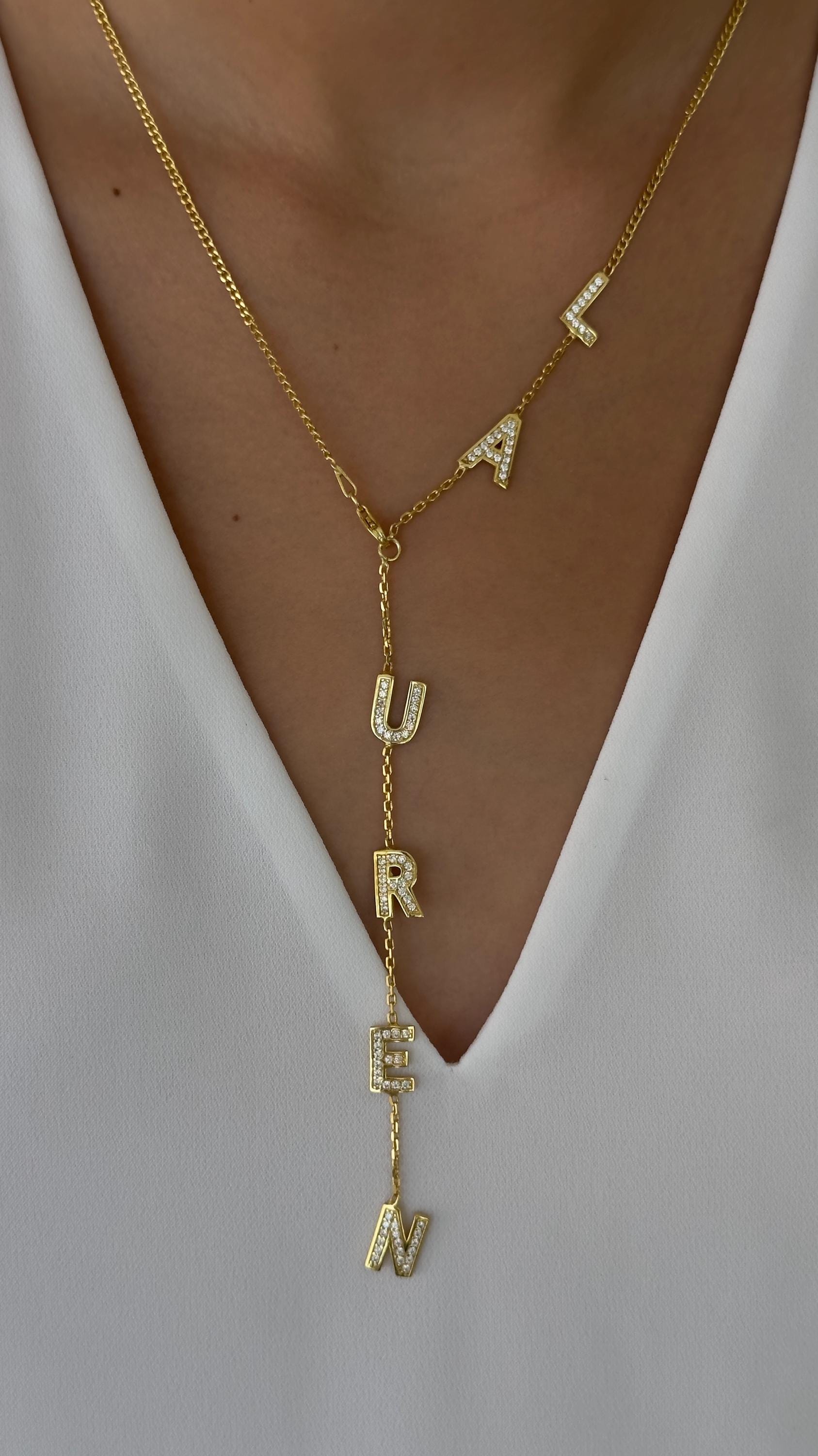 Diamond Lariat Name Necklace, Personalized Initial Pendant, Sterling Silver Jewelry Gift Women