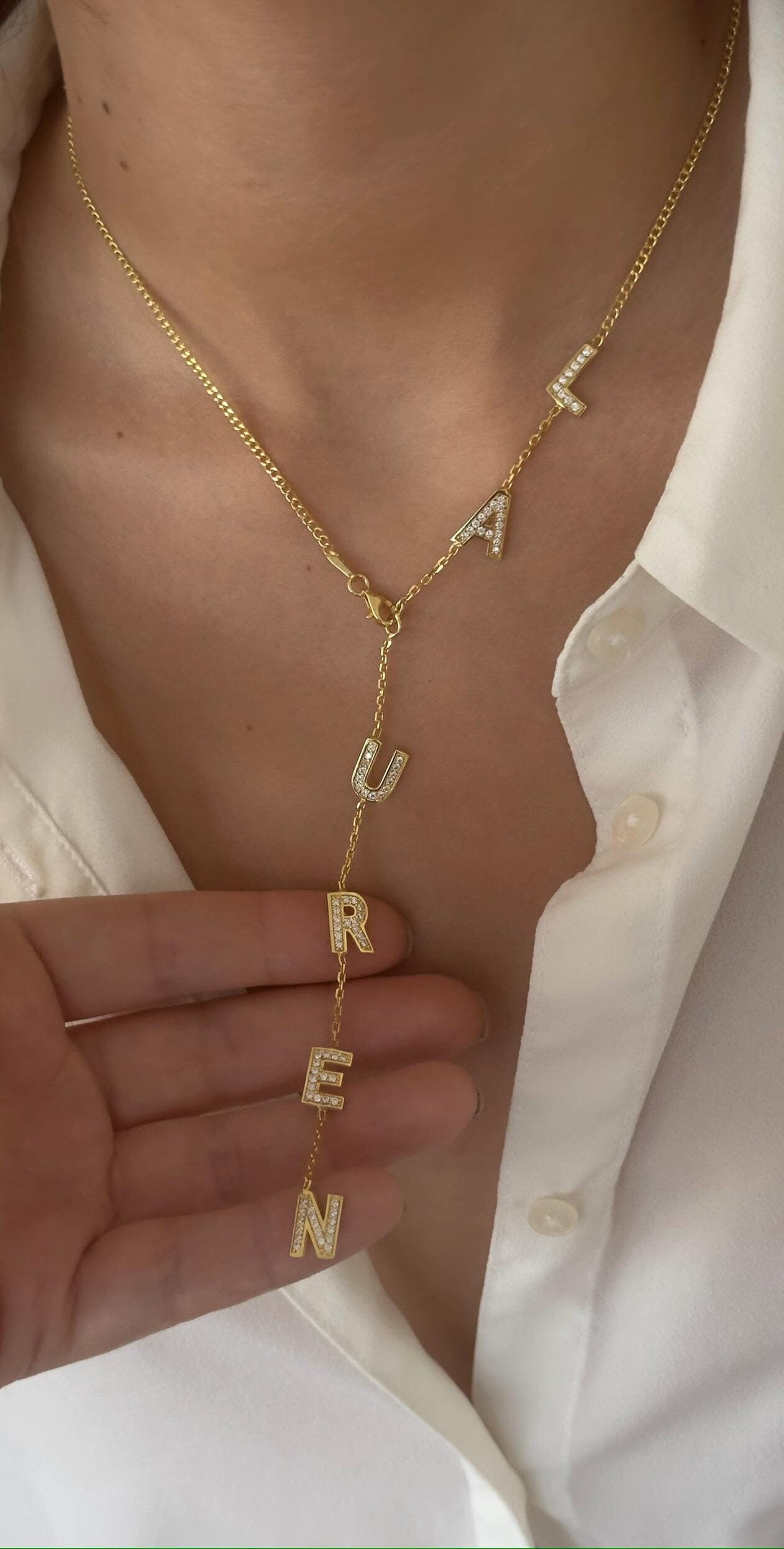 Diamond Lariat Name Necklace, Personalized Initial Pendant, Sterling Silver Jewelry Gift Women