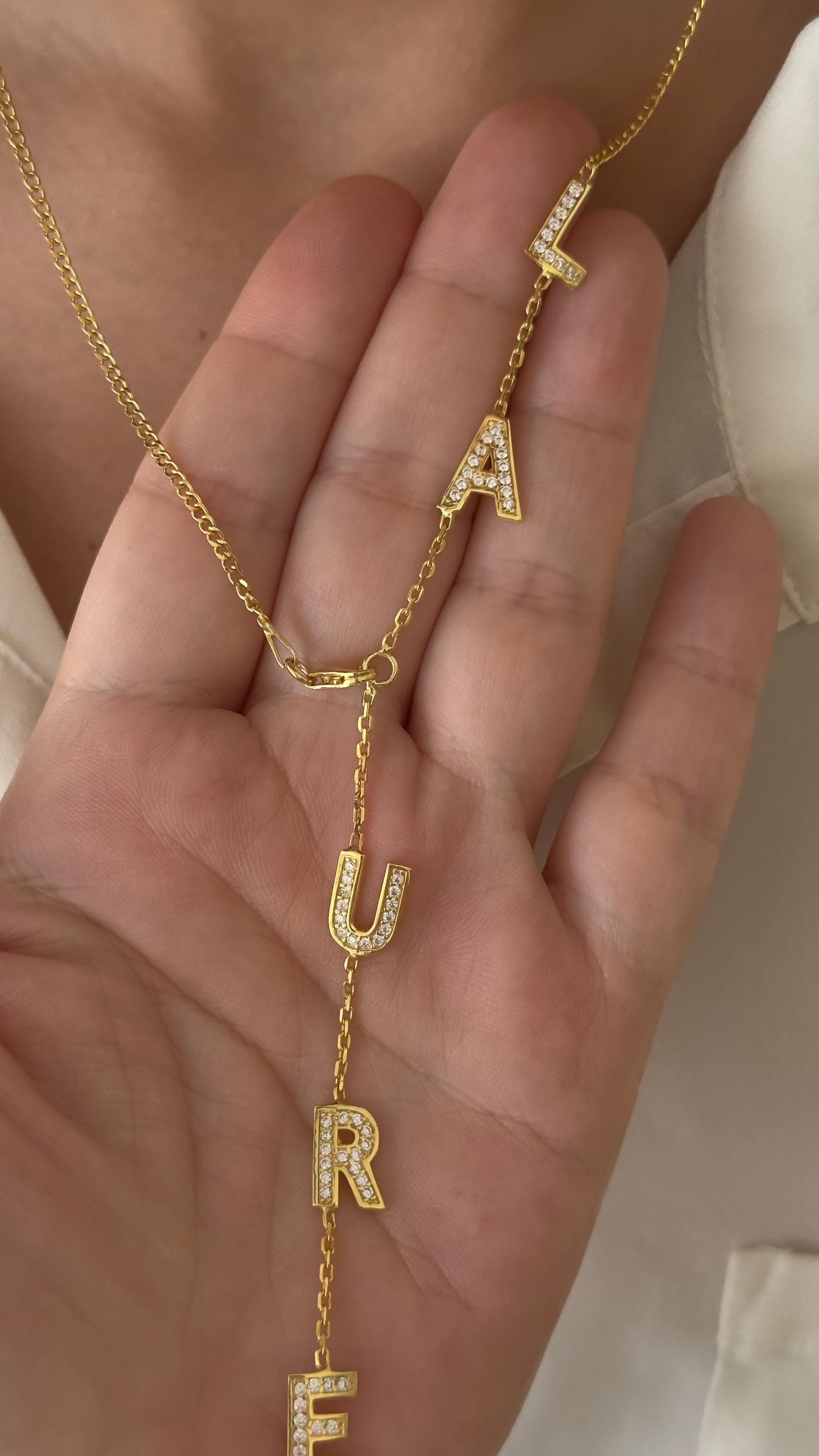 Diamond Lariat Name Necklace, Personalized Initial Pendant, Sterling Silver Jewelry Gift Women