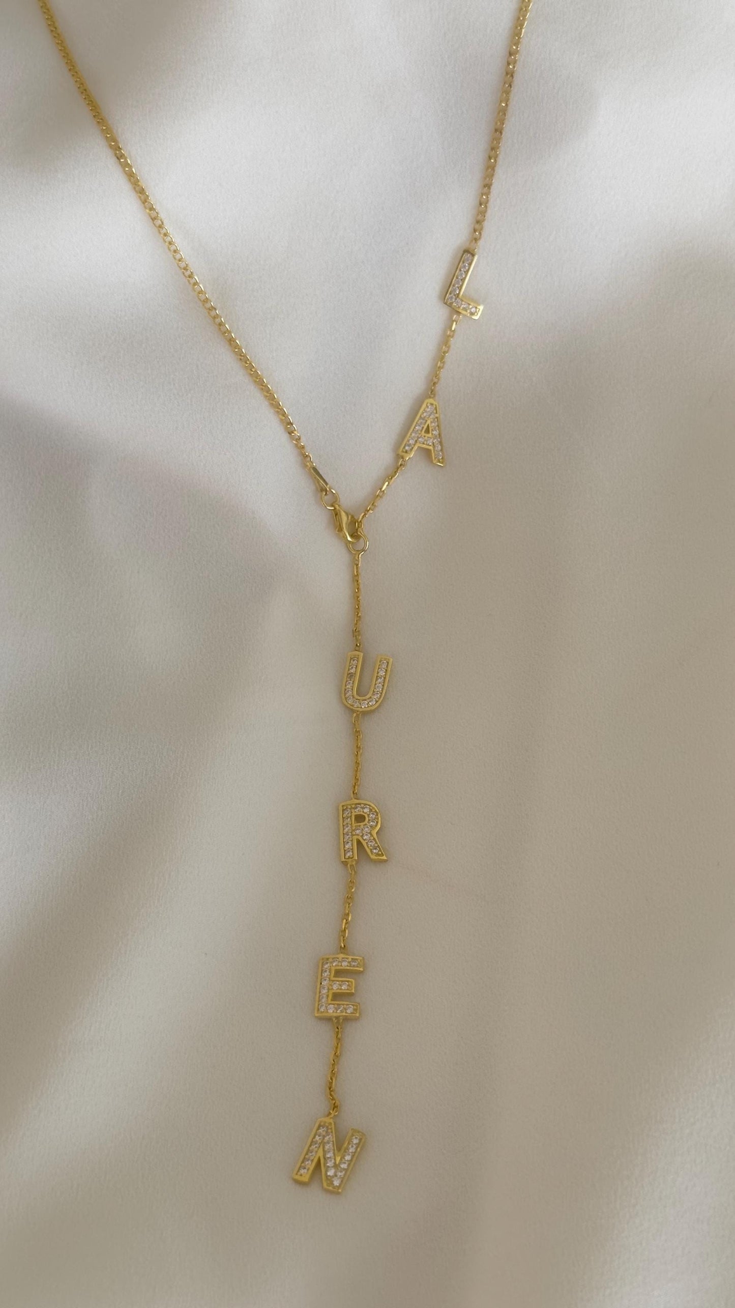 Diamond Lariat Name Necklace, Personalized Initial Pendant, Sterling Silver Jewelry Gift Women