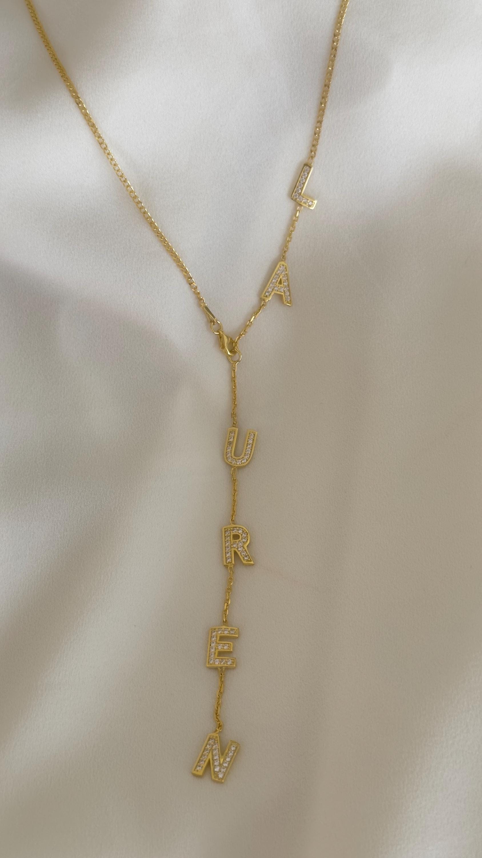 Diamond Lariat Name Necklace, Personalized Initial Pendant, Sterling Silver Jewelry Gift Women